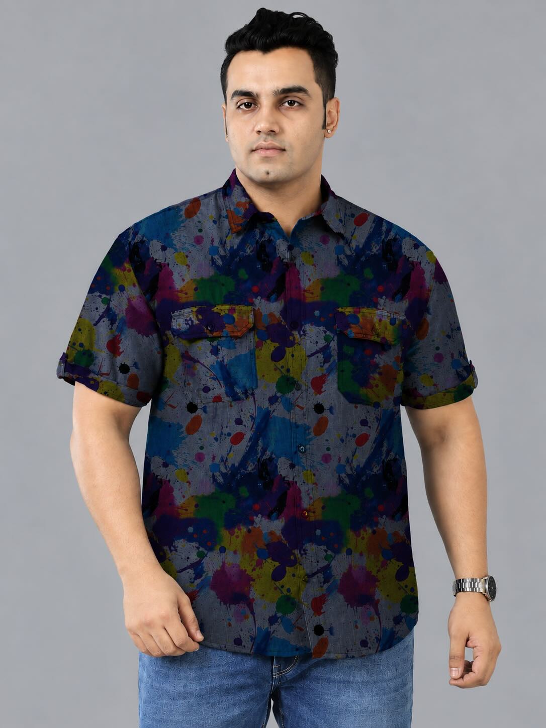 Urban Color Splash Indigo Denim Printed Men's Plus Size Double Pocket Half Sleeve Shirt