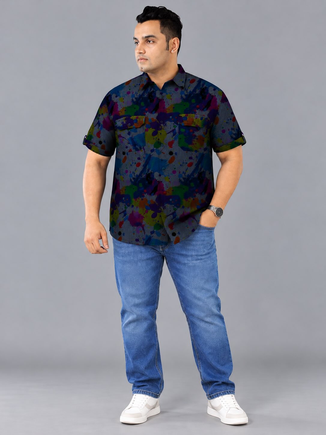 Urban Color Splash Indigo Denim Printed Men's Plus Size Double Pocket Half Sleeve Shirt