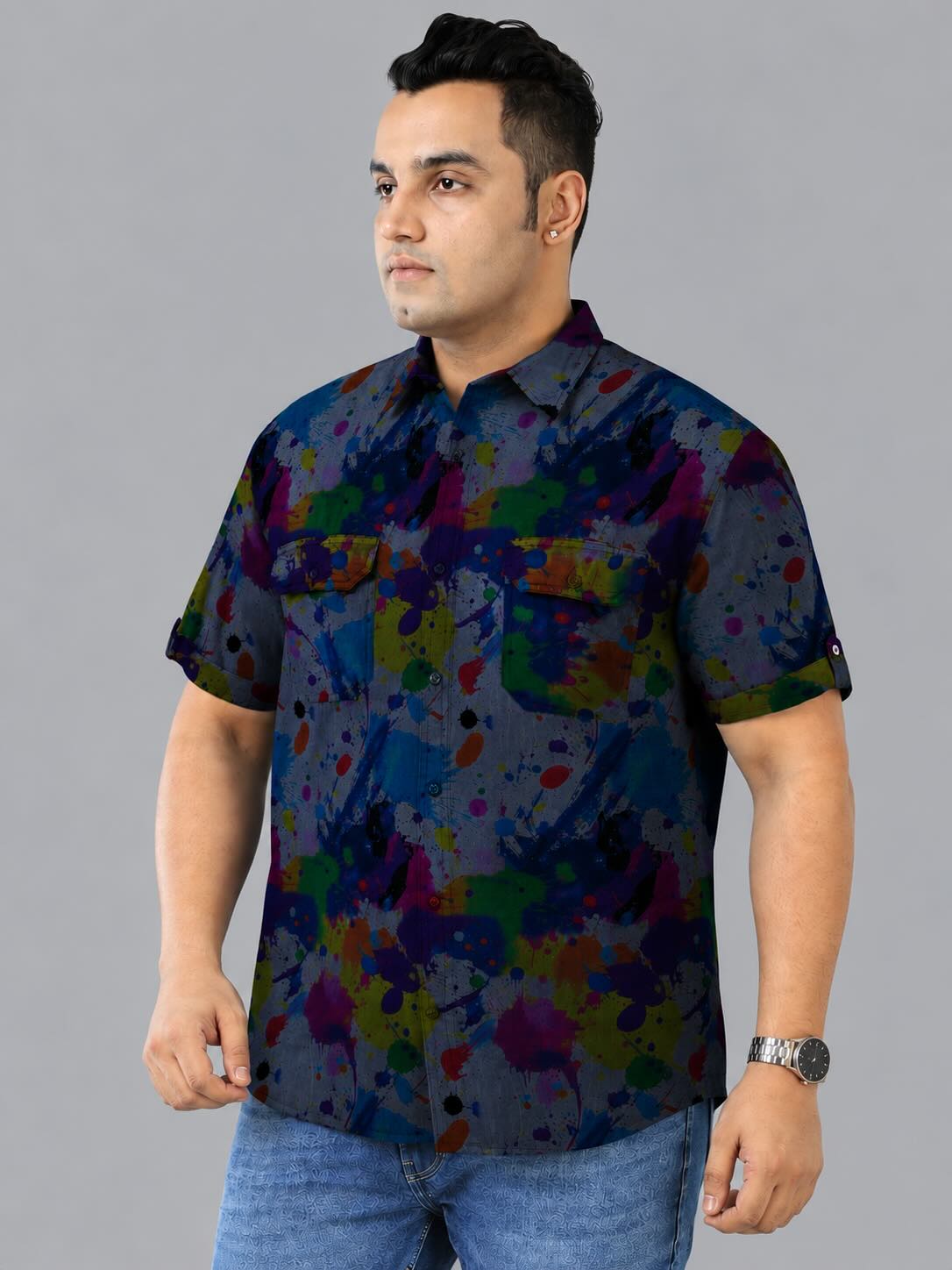 Urban Color Splash Indigo Denim Printed Men's Plus Size Double Pocket Half Sleeve Shirt