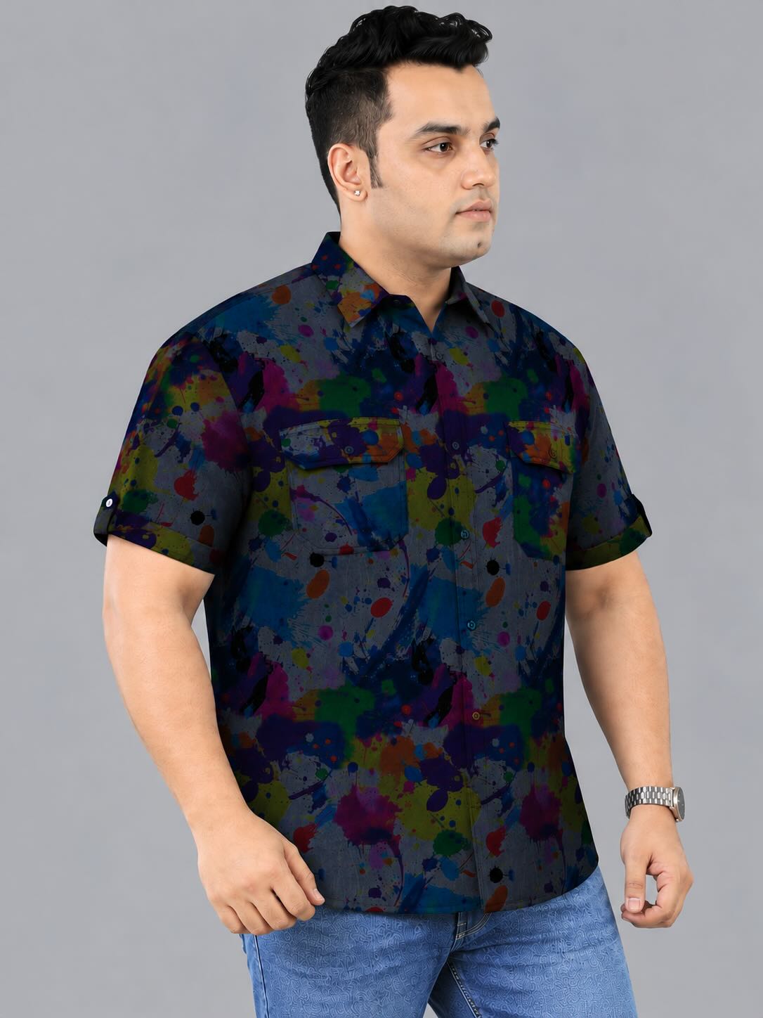 Urban Color Splash Indigo Denim Printed Men's Plus Size Double Pocket Half Sleeve Shirt