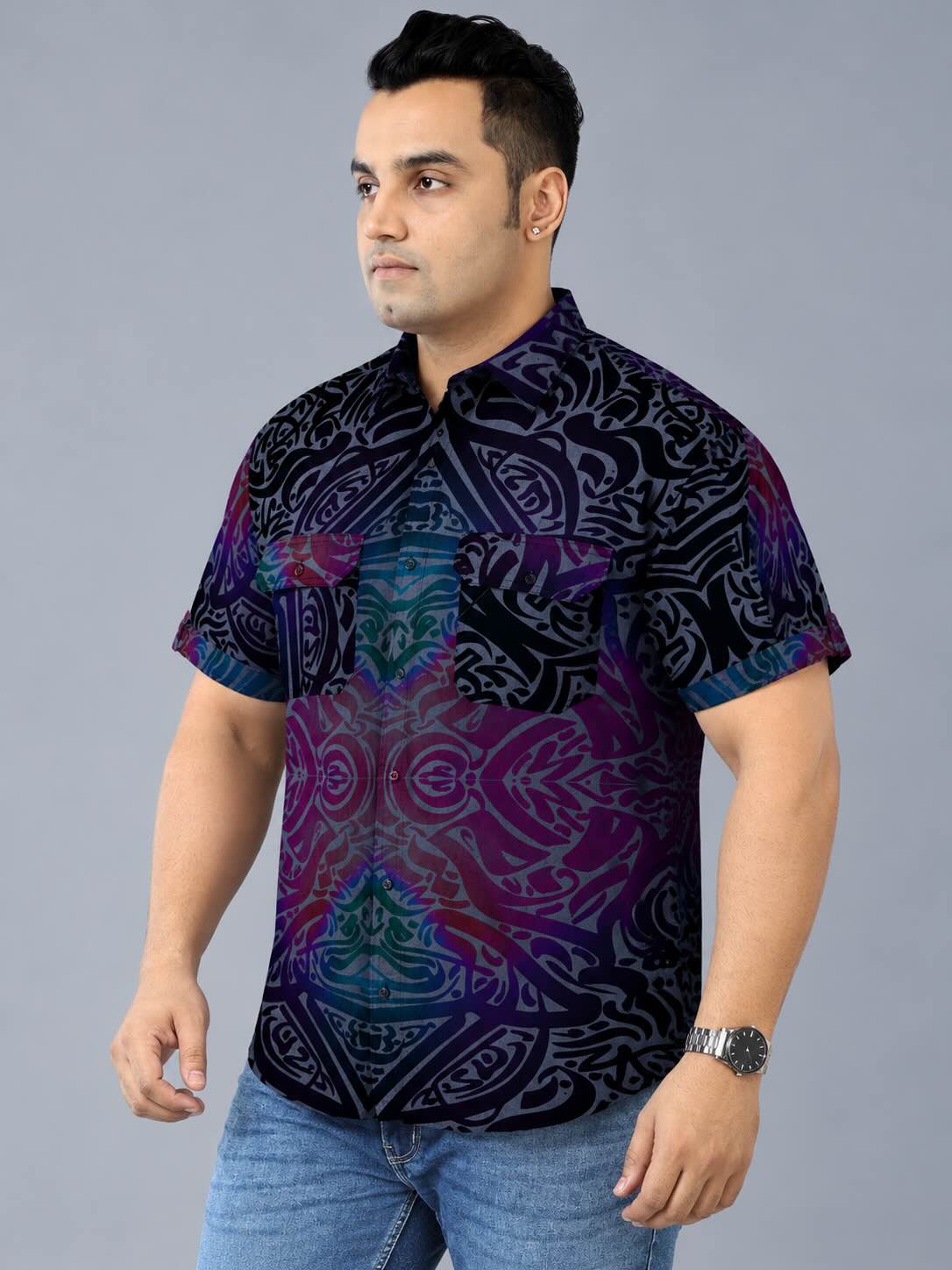 Colorwave Indigo Denim Printed Men's Plus Size Double Pocket Half Sleeve Shirt