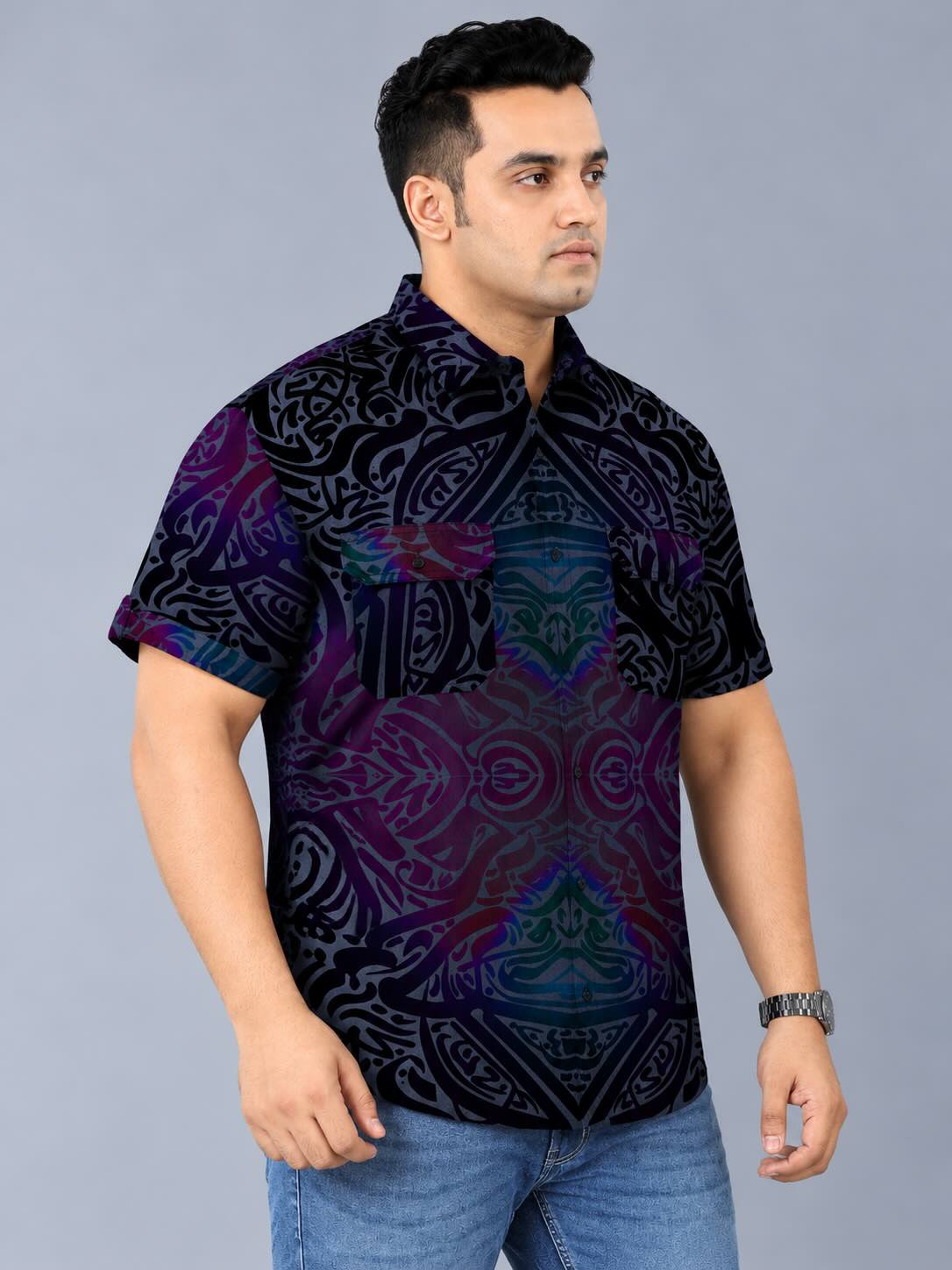 Colorwave Indigo Denim Printed Men's Plus Size Double Pocket Half Sleeve Shirt