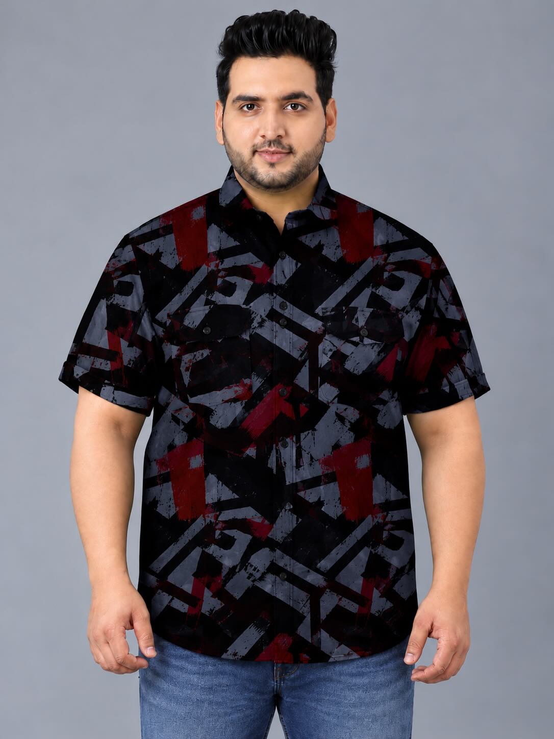Red BlackBrushstroke Indigo Denim Printed Men's Plus Size Double Pocket Half Sleeve Shirt