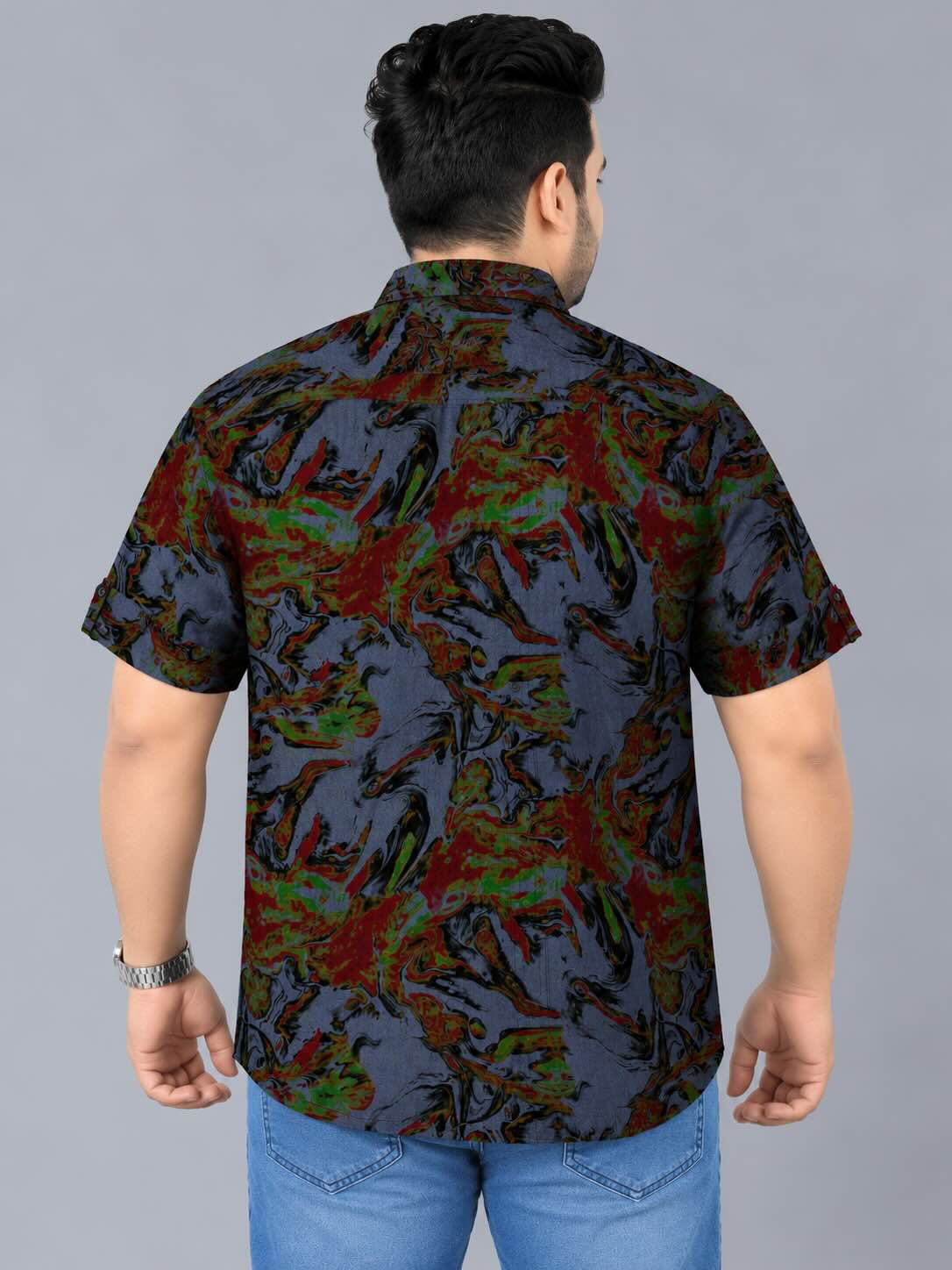 Firestorm Indigo Denim Printed Men's Plus Size Double Pocket Half Sleeve Shirt