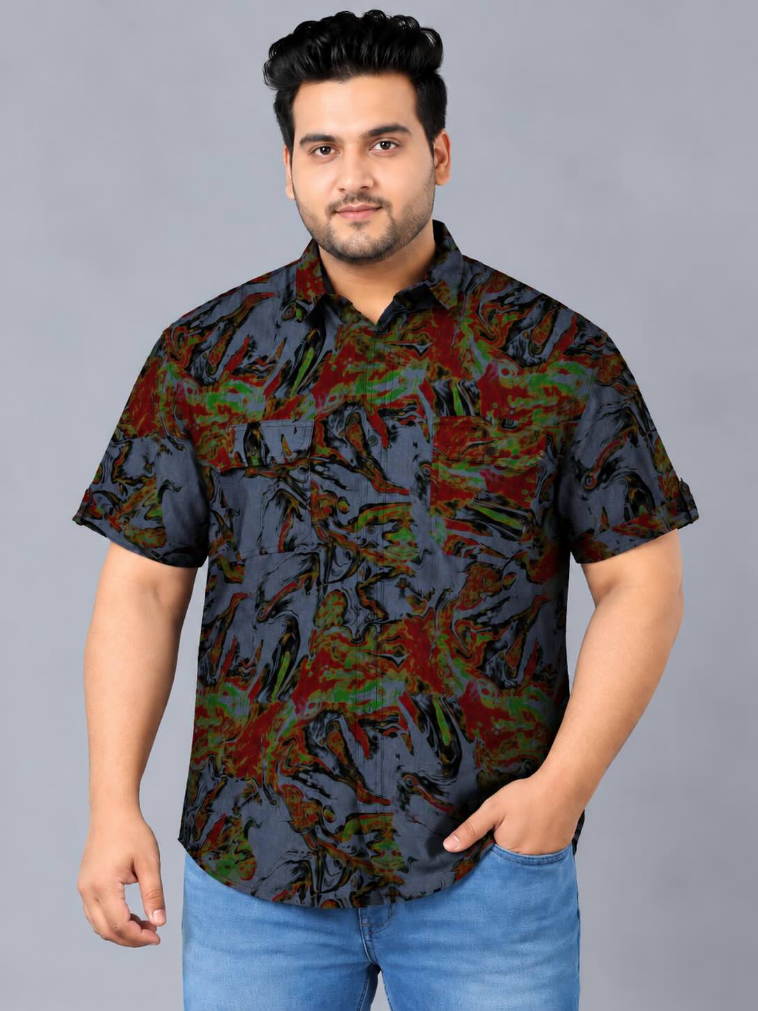 Firestorm Indigo Denim Printed Men's Plus Size Double Pocket Half Sleeve Shirt