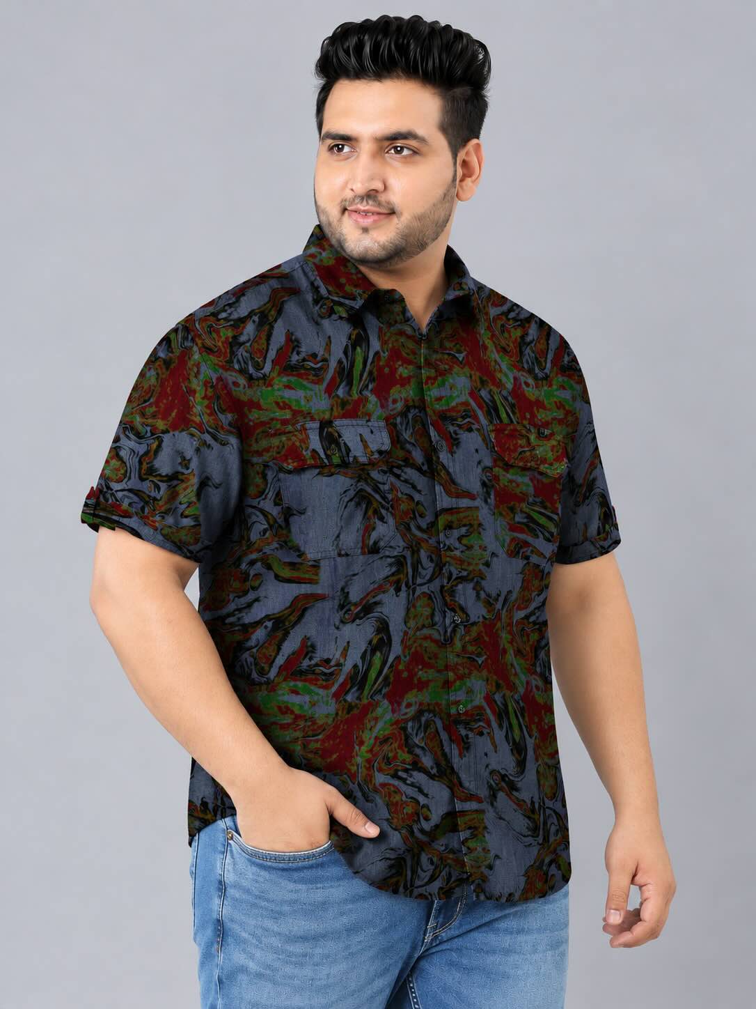 Firestorm Indigo Denim Printed Men's Plus Size Double Pocket Half Sleeve Shirt