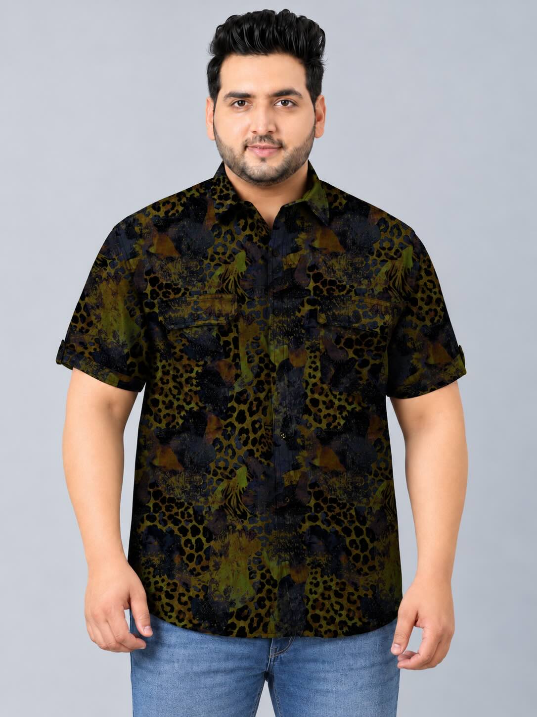 Animal Fusion Indigo Denim Printed Men's Plus Size Double Pocket Half Sleeve Shirt