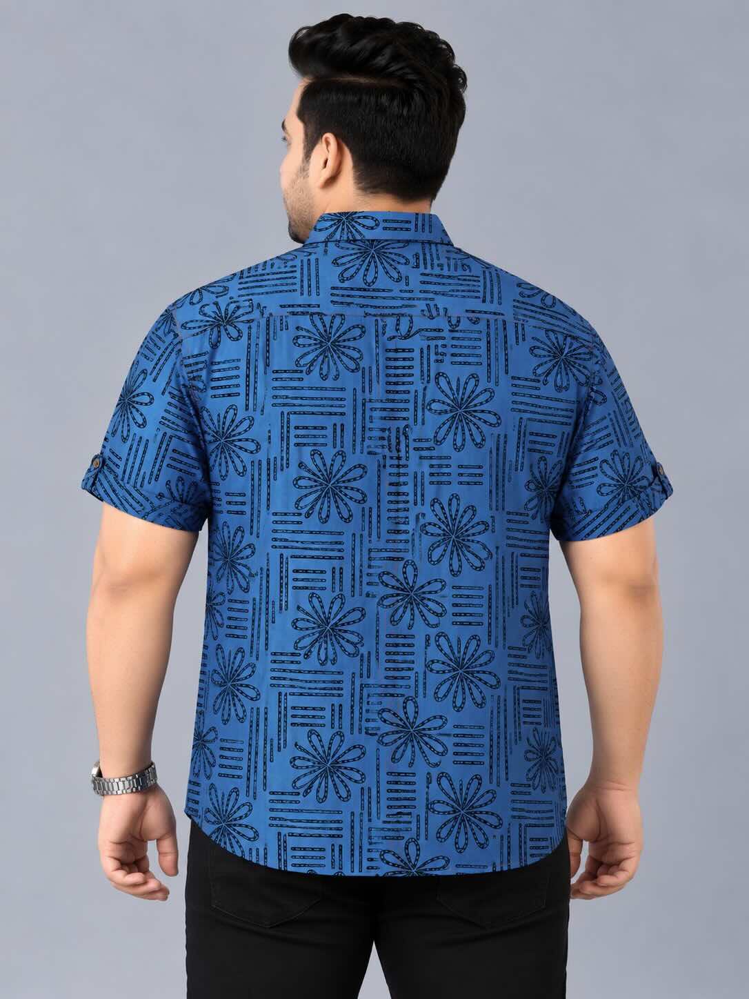 Bloom Line Blue Denim Printed Men's Plus Size Double Pocket Half Sleeve Shirt