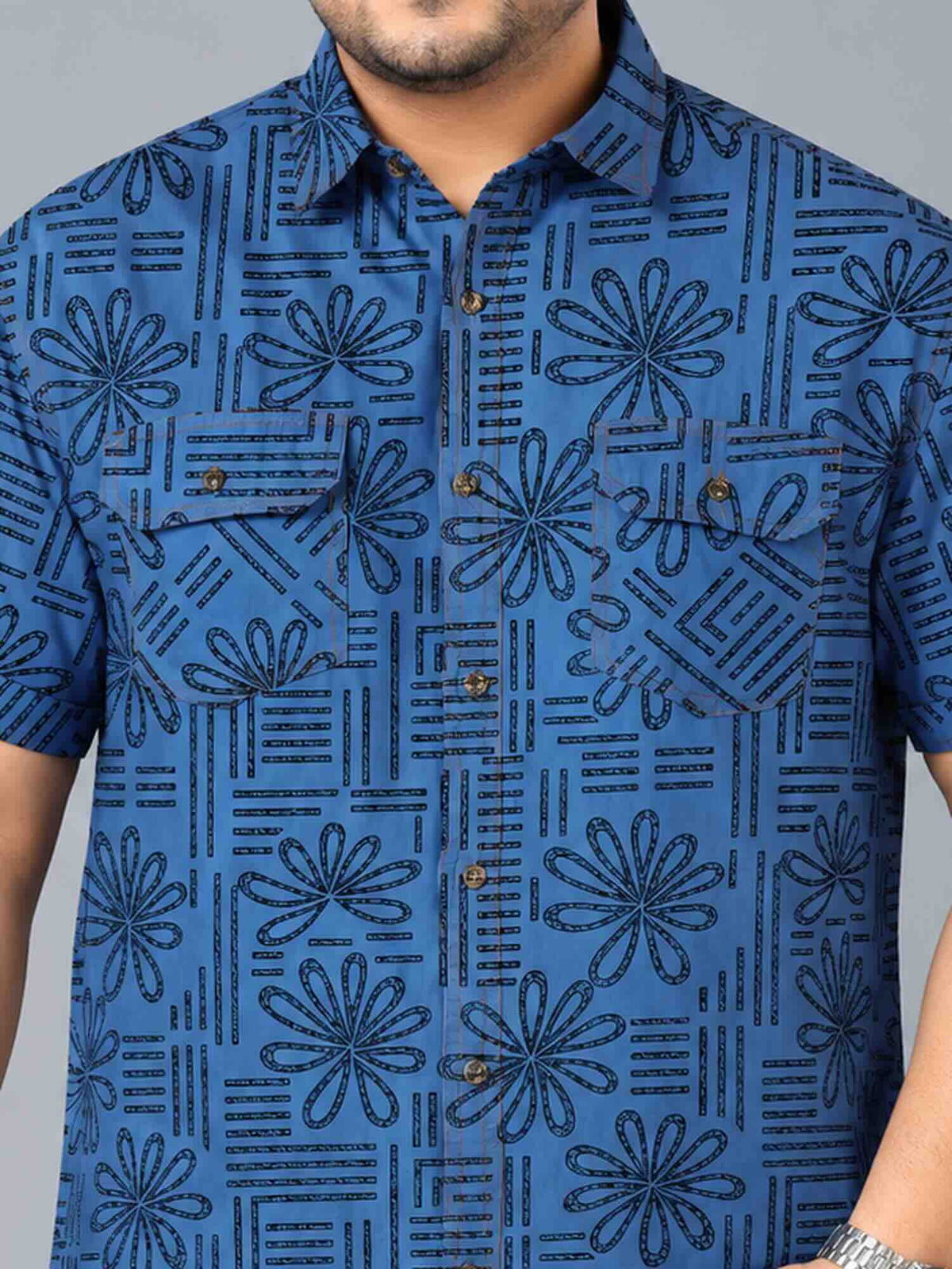 Bloom Line Blue Denim Printed Men's Plus Size Double Pocket Half Sleeve Shirt