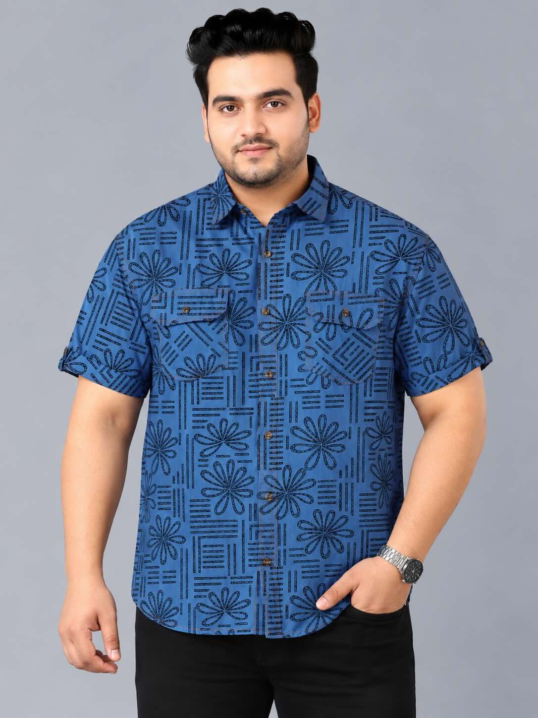 Bloom Line Blue Denim Printed Men's Plus Size Double Pocket Half Sleeve Shirt