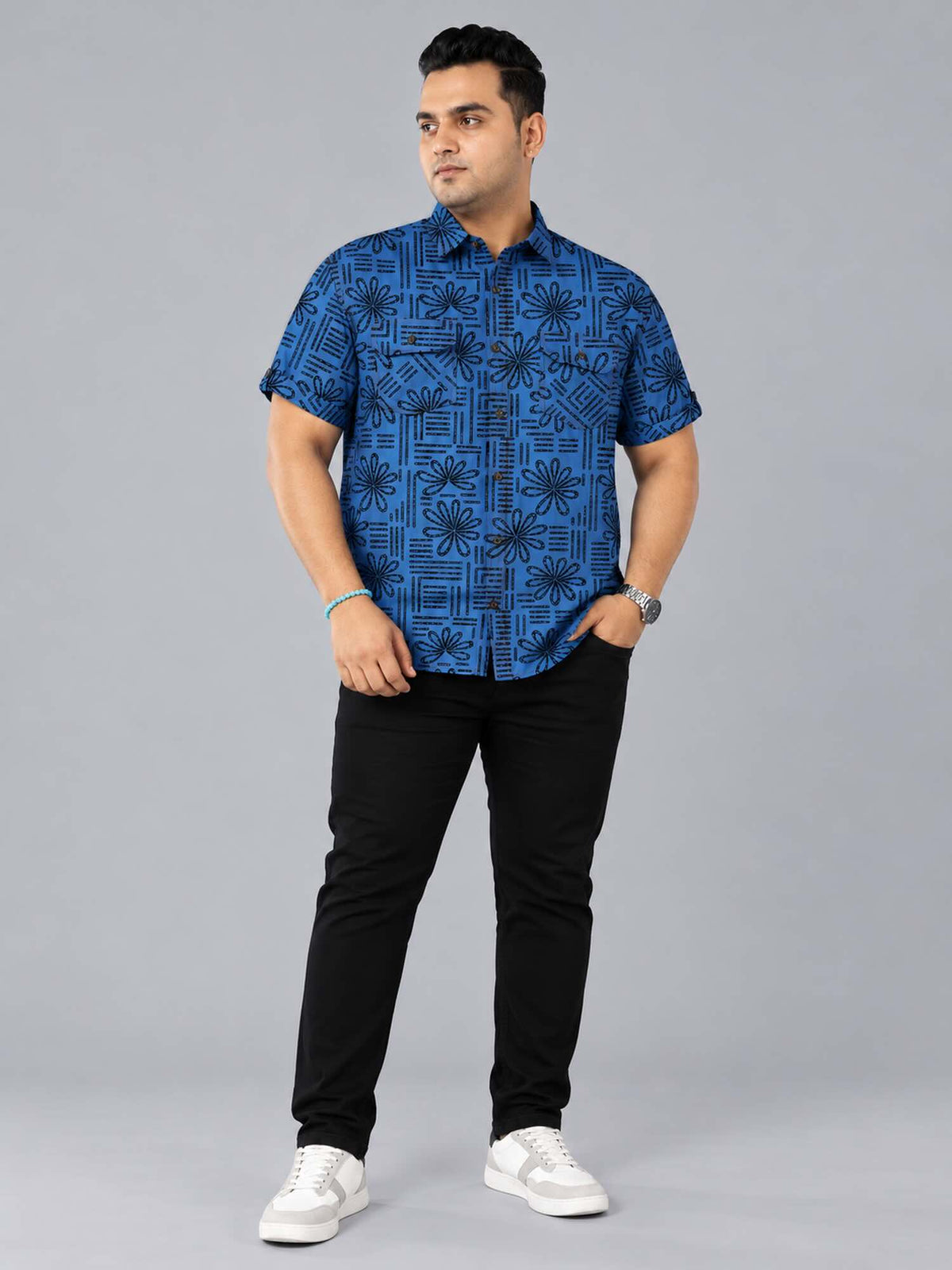 Bloom Line Blue Denim Printed Men's Plus Size Double Pocket Half Sleeve Shirt