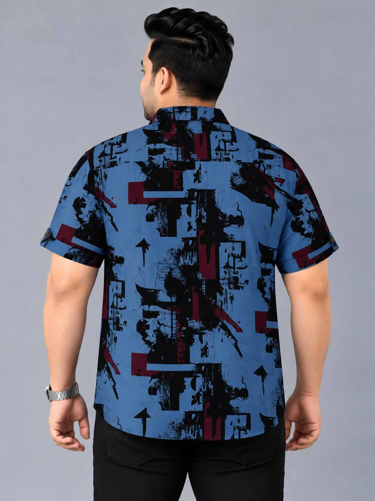 Urban Chaos Blue Denim Printed Men's Plus Size Double Pocket Half Sleeve Shirt