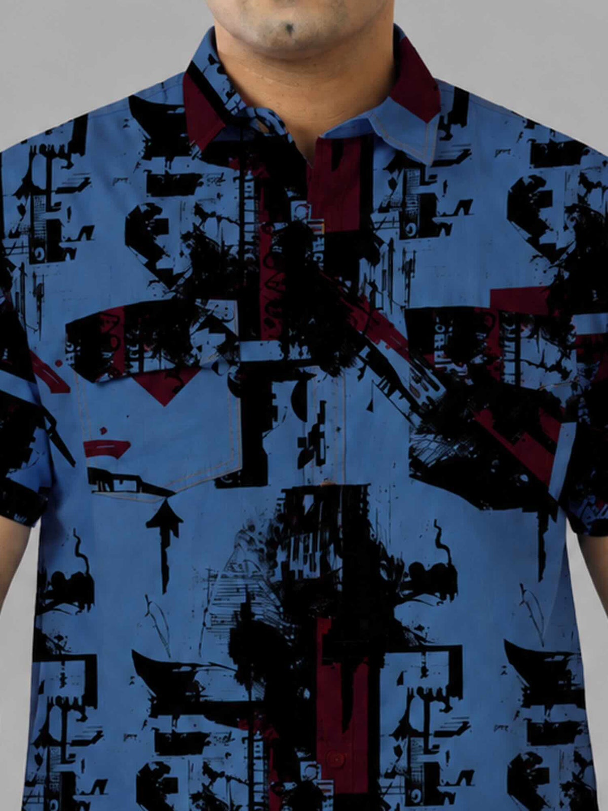 Urban Chaos Blue Denim Printed Men's Plus Size Double Pocket Half Sleeve Shirt