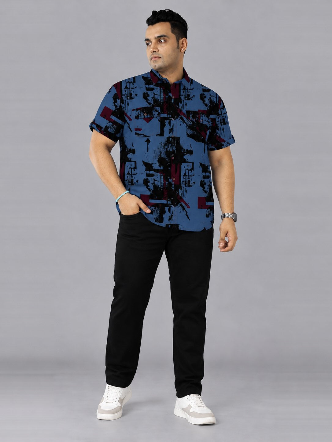 Urban Chaos Blue Denim Printed Men's Plus Size Double Pocket Half Sleeve Shirt