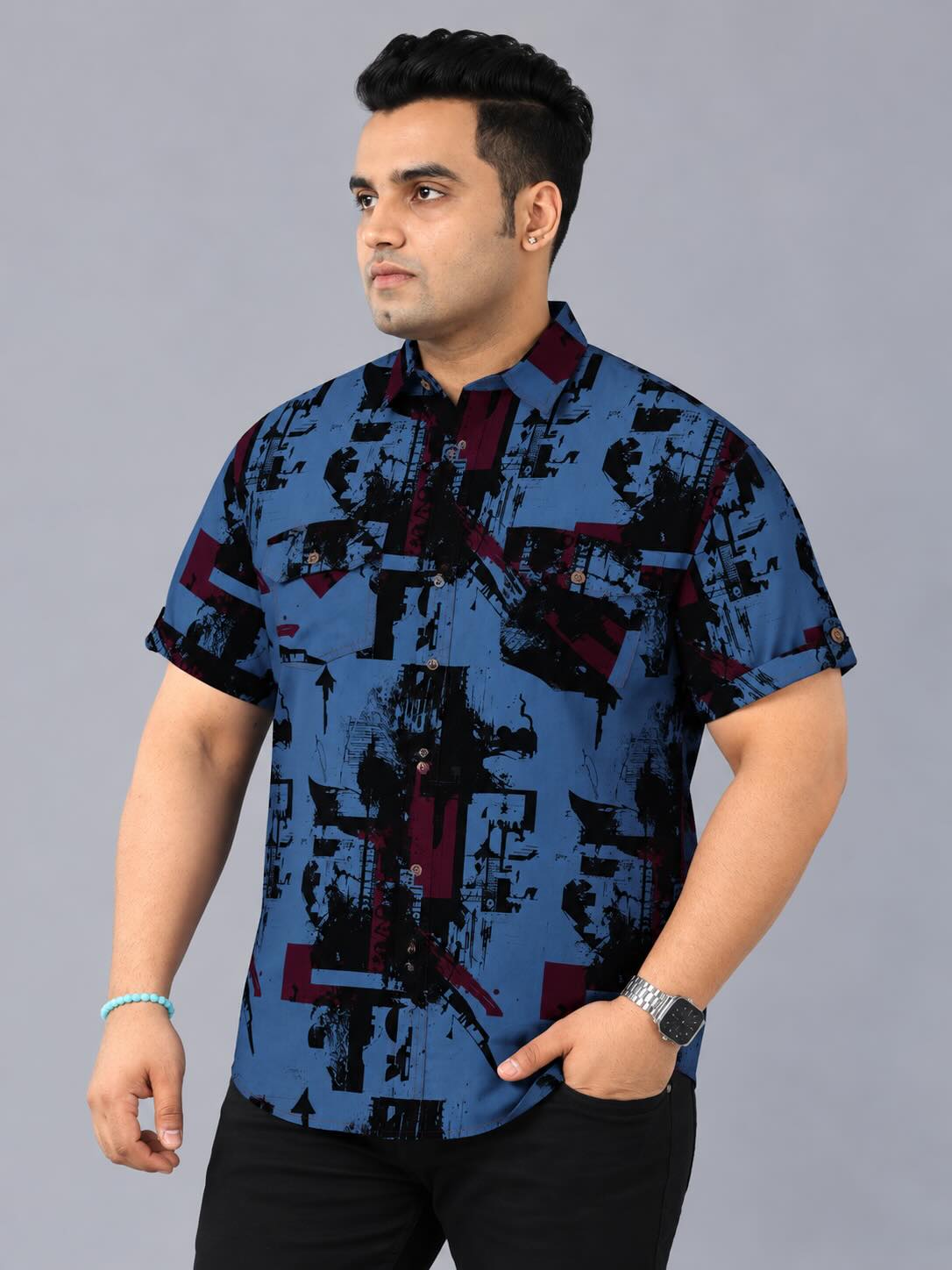 Urban Chaos Blue Denim Printed Men's Plus Size Double Pocket Half Sleeve Shirt