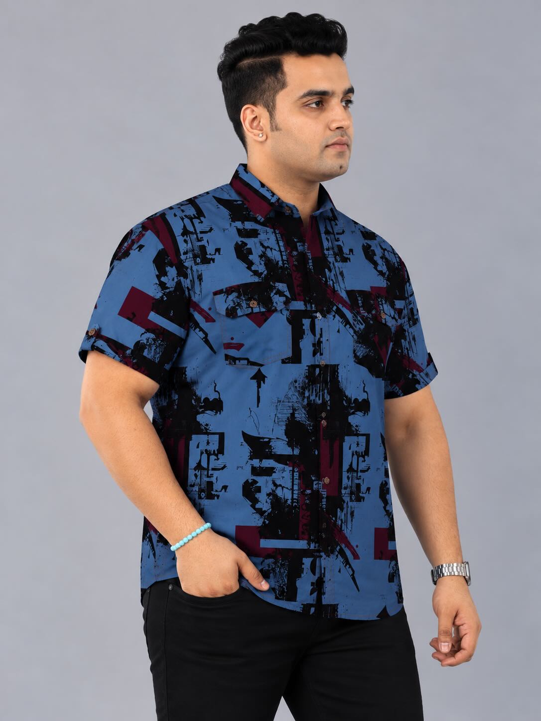 Urban Chaos Blue Denim Printed Men's Plus Size Double Pocket Half Sleeve Shirt