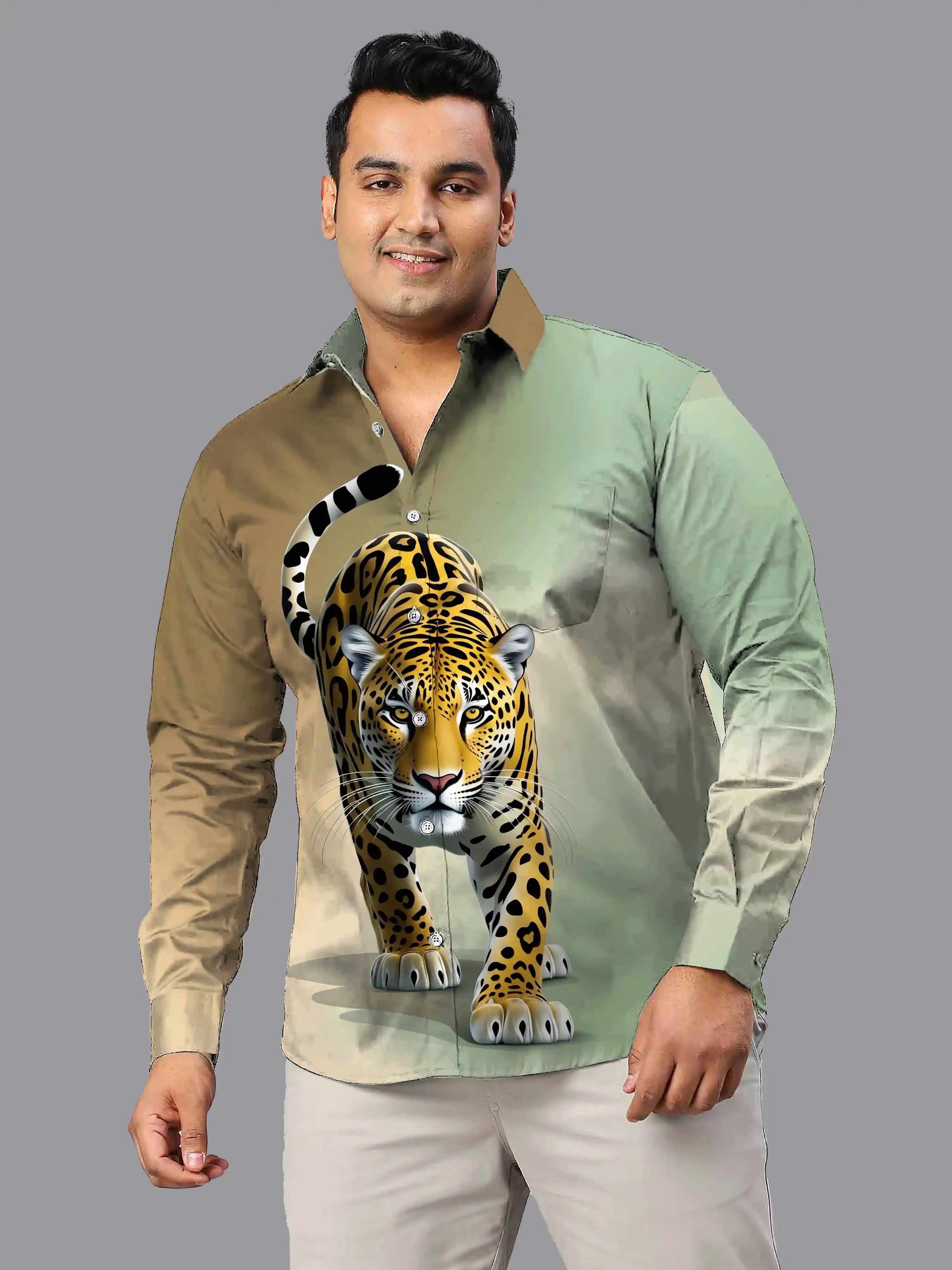 Bengal Tiger Digital Printed Party Wear Men's Plus Size Full Shirt