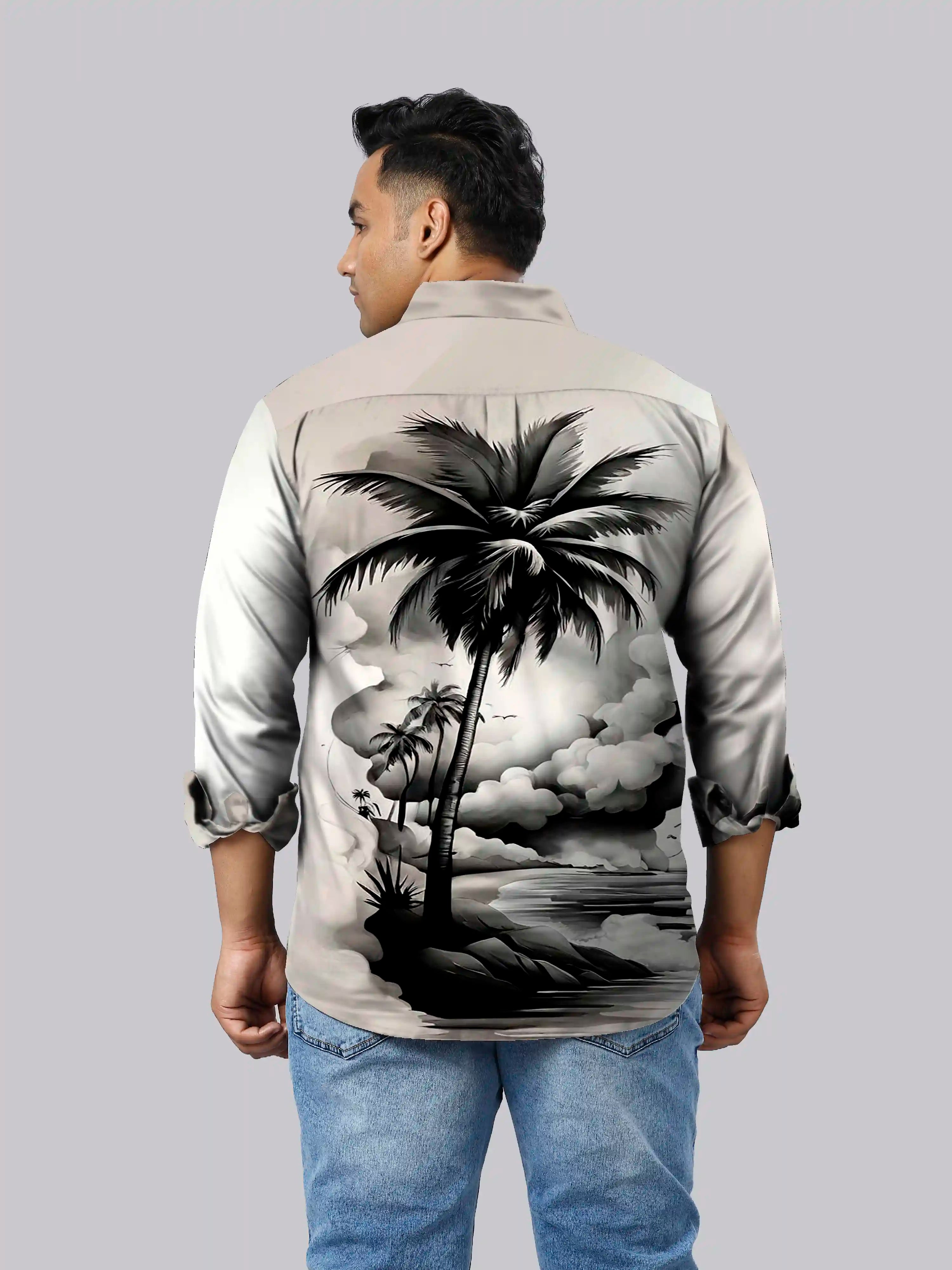 Coconut Tree Printed Party Wear Men's Plus Size Full Shirt