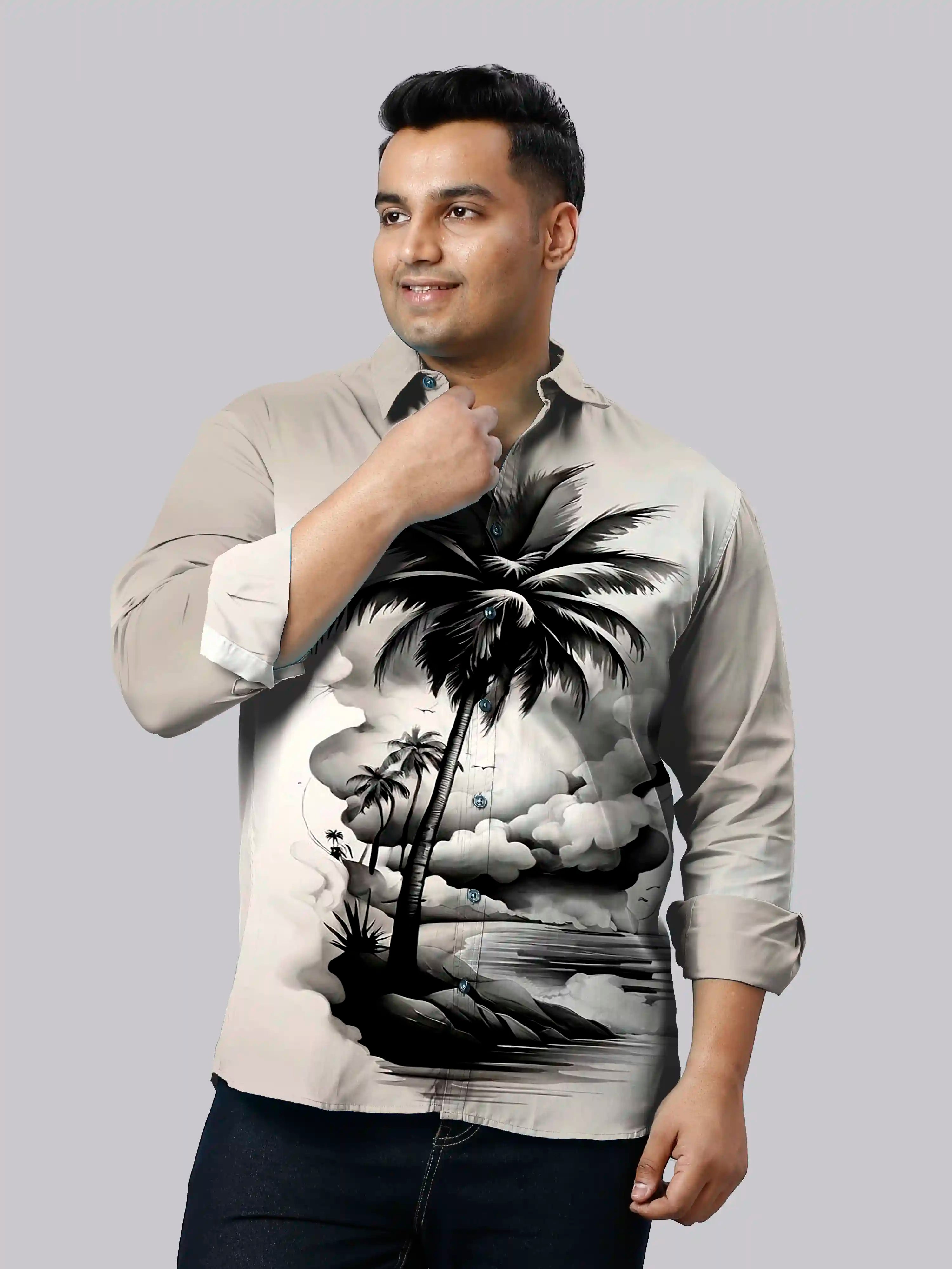 Coconut Tree Printed Party Wear Men's Plus Size Full Shirt