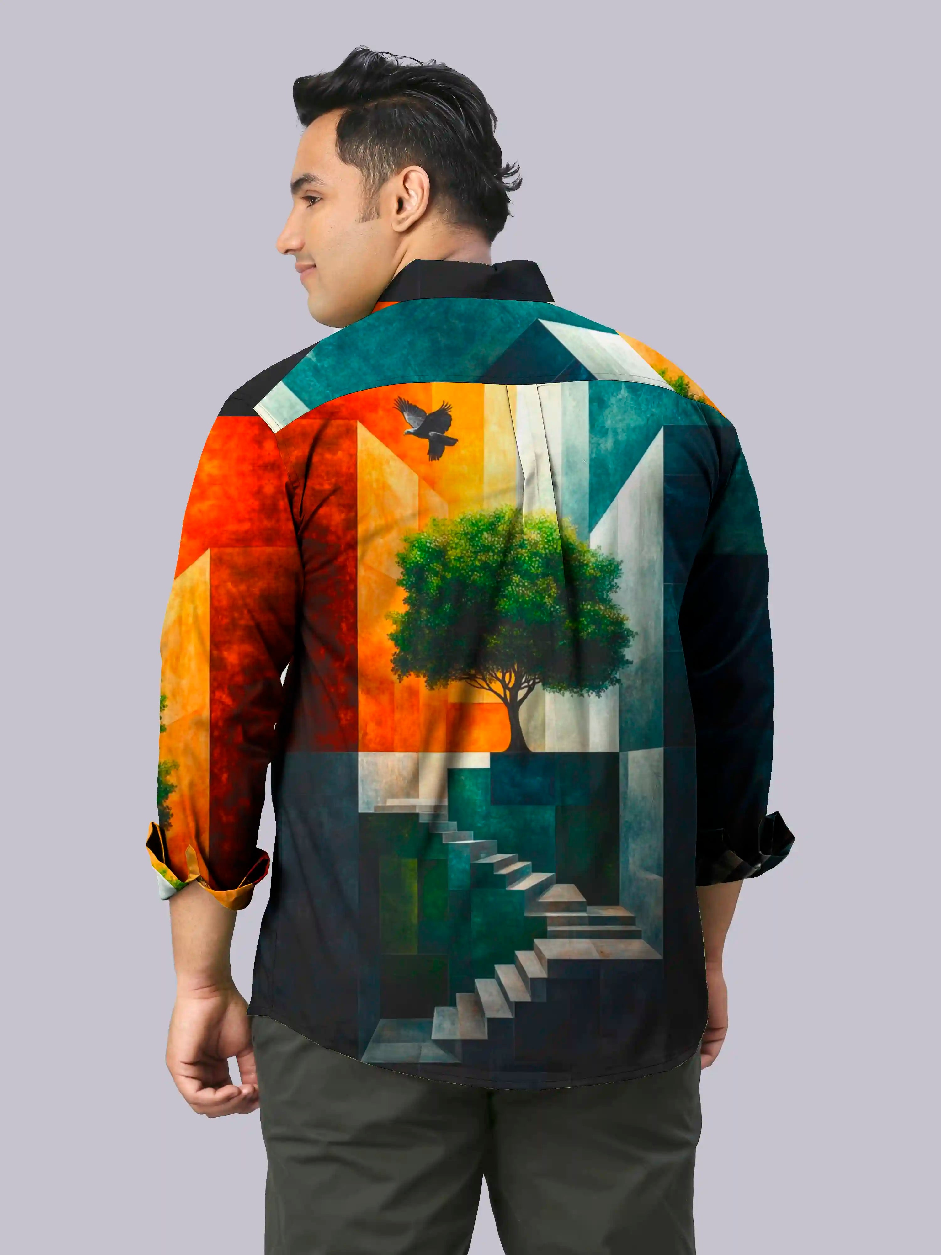 3D Tree Digital  Printed Party Wear Men's Plus Size Full Shirt