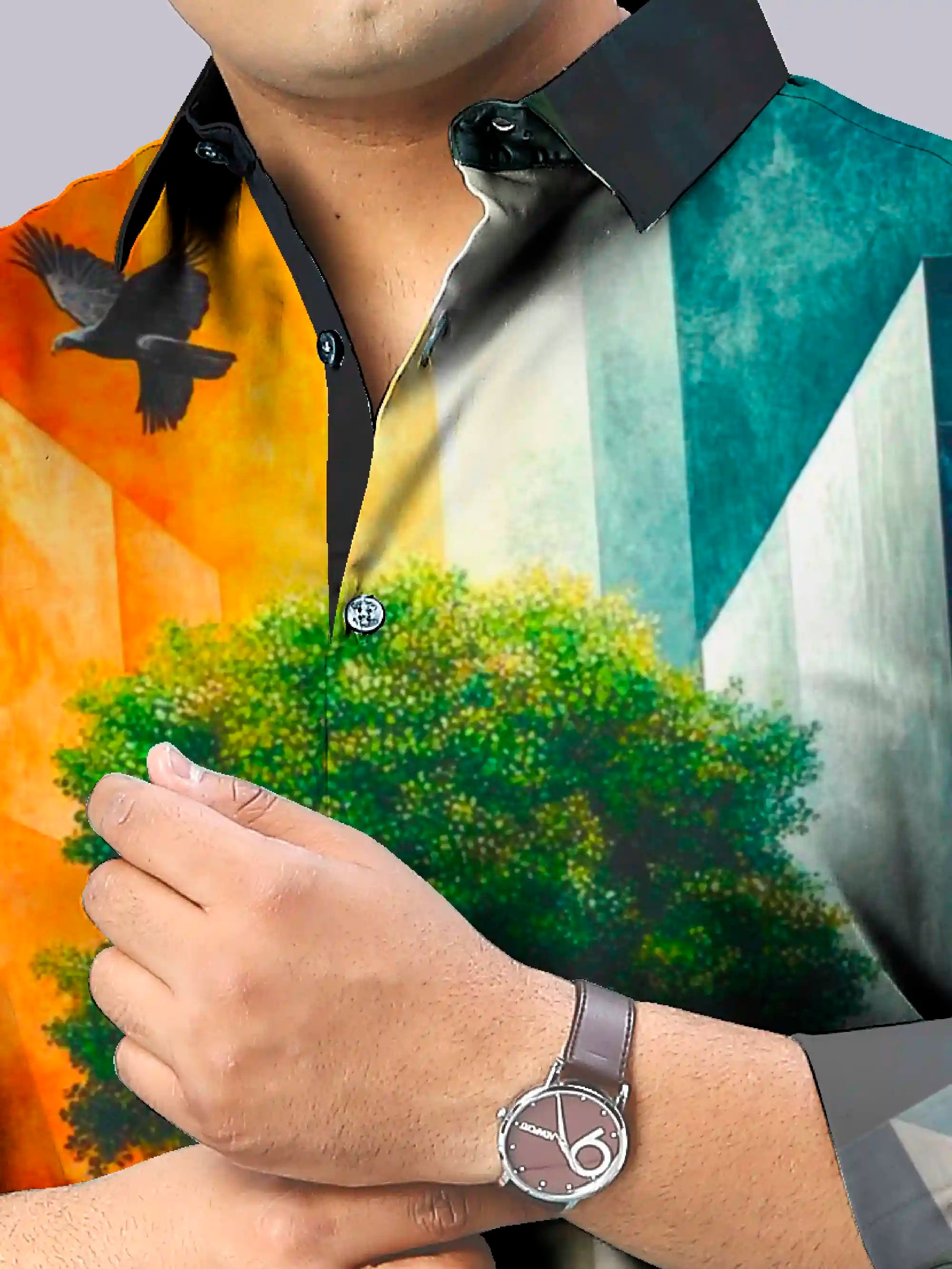 3D Tree Digital  Printed Party Wear Men's Plus Size Full Shirt