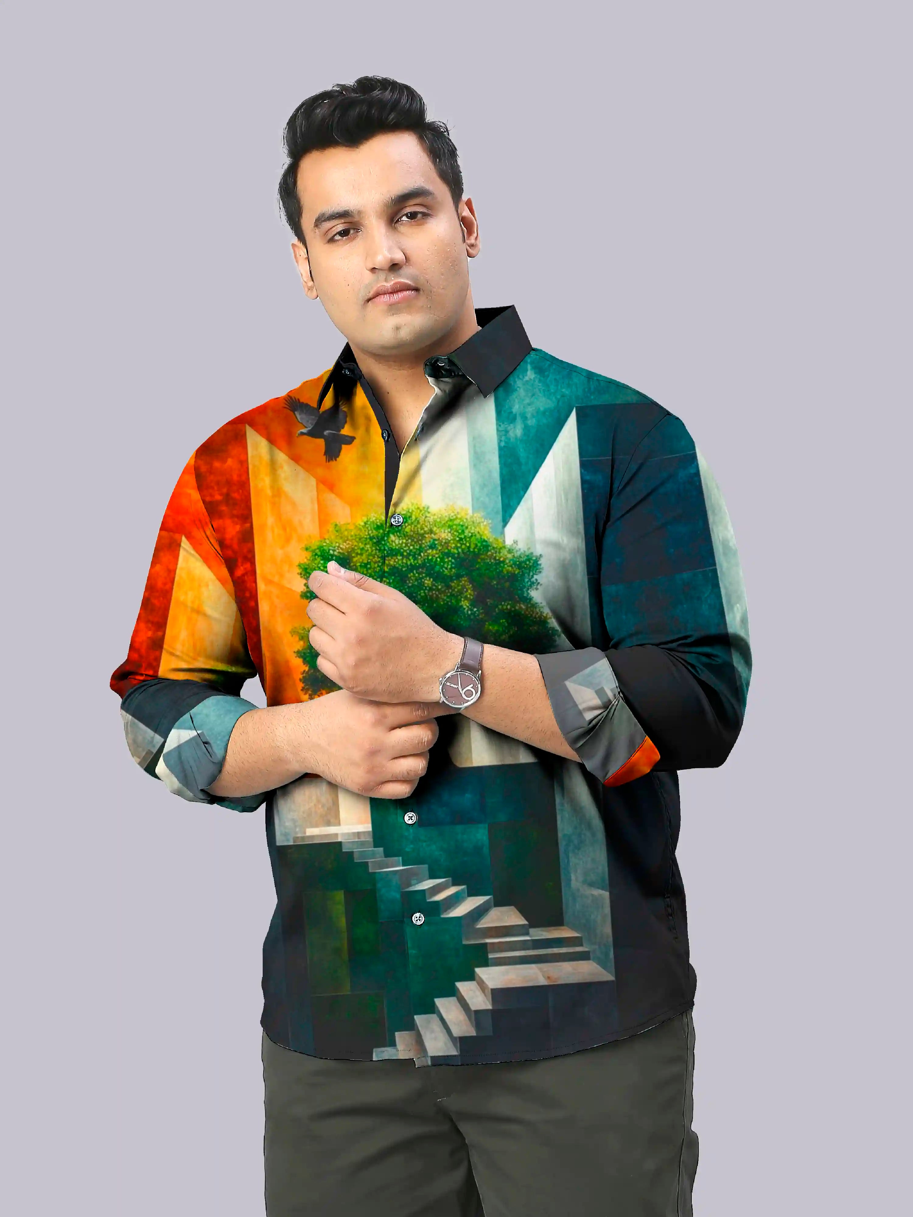 3D Tree Digital  Printed Party Wear Men's Plus Size Full Shirt