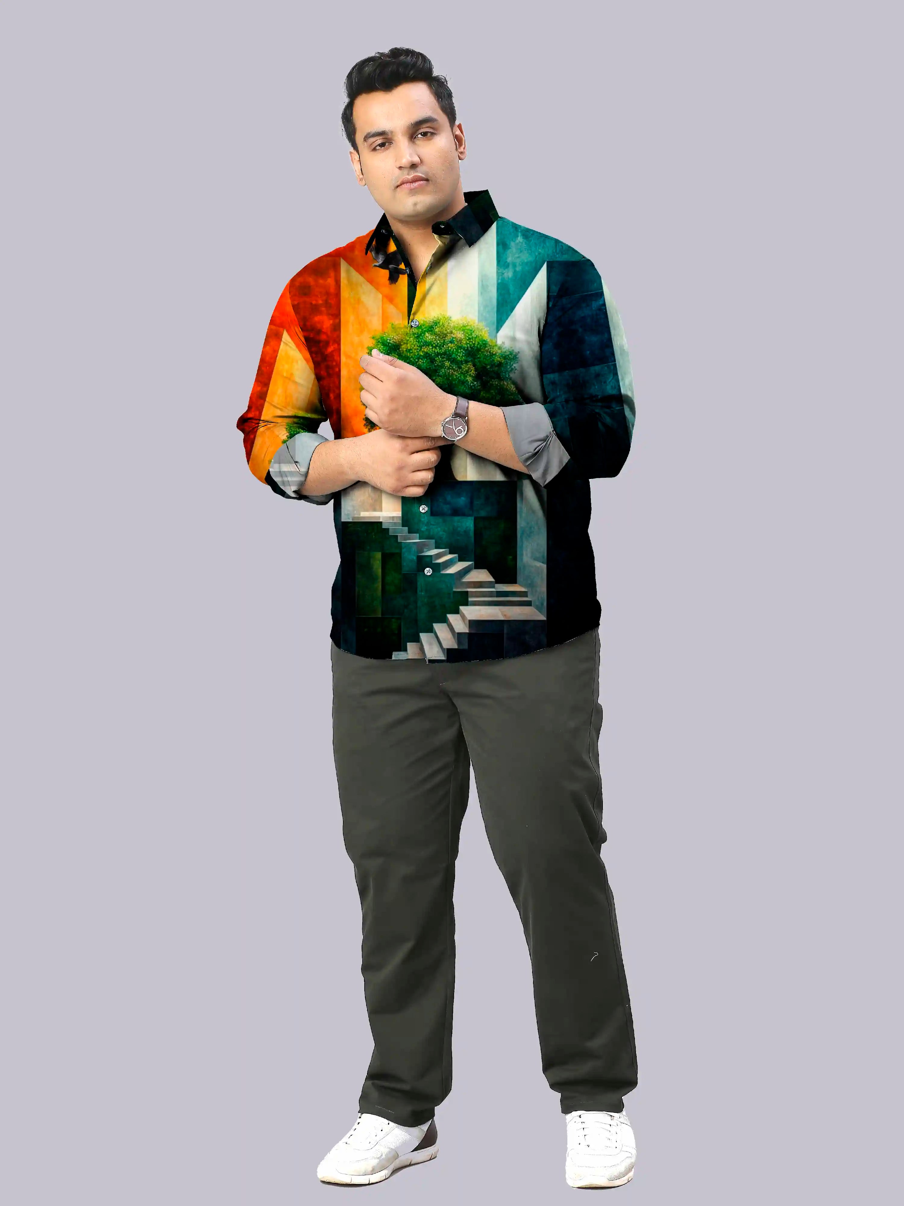 3D Tree Digital  Printed Party Wear Men's Plus Size Full Shirt