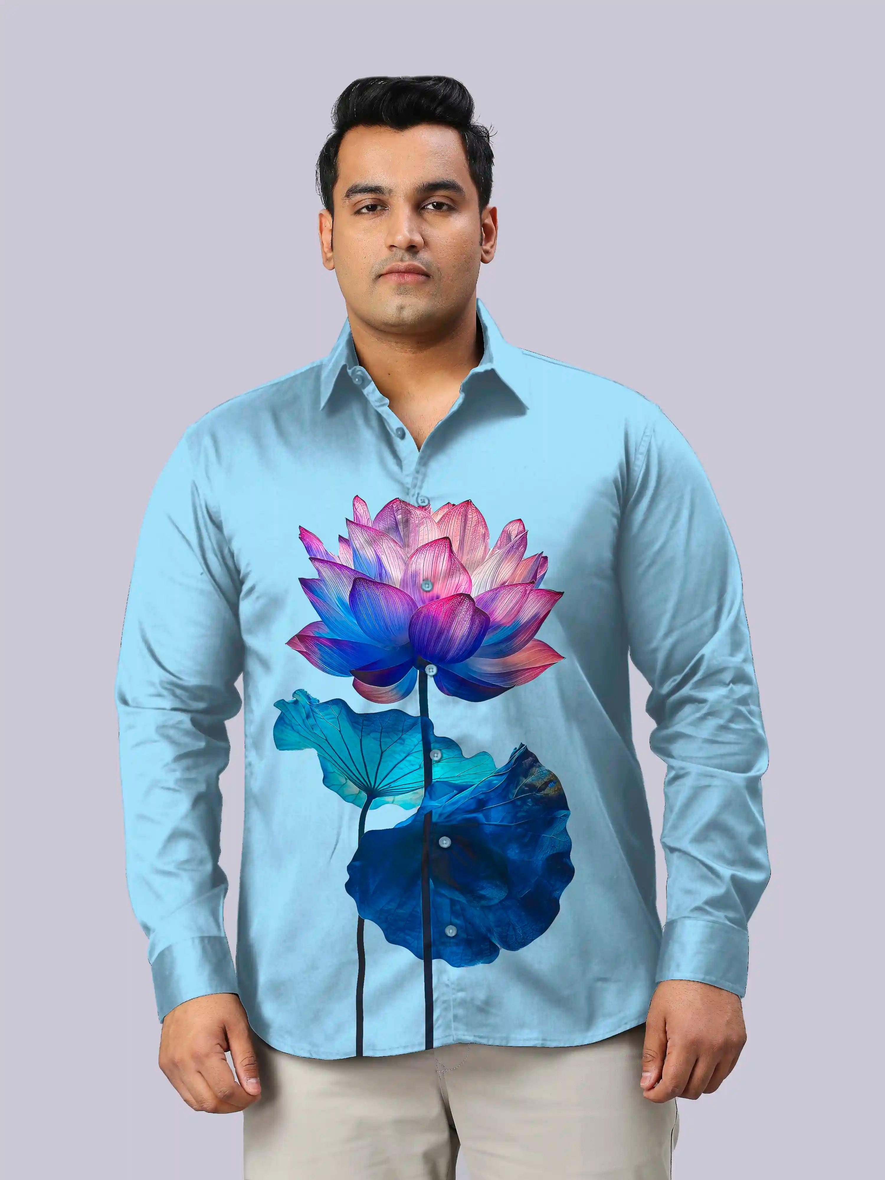 Blue Lotus Printed Party Wear Men's Plus Size Full Shirt