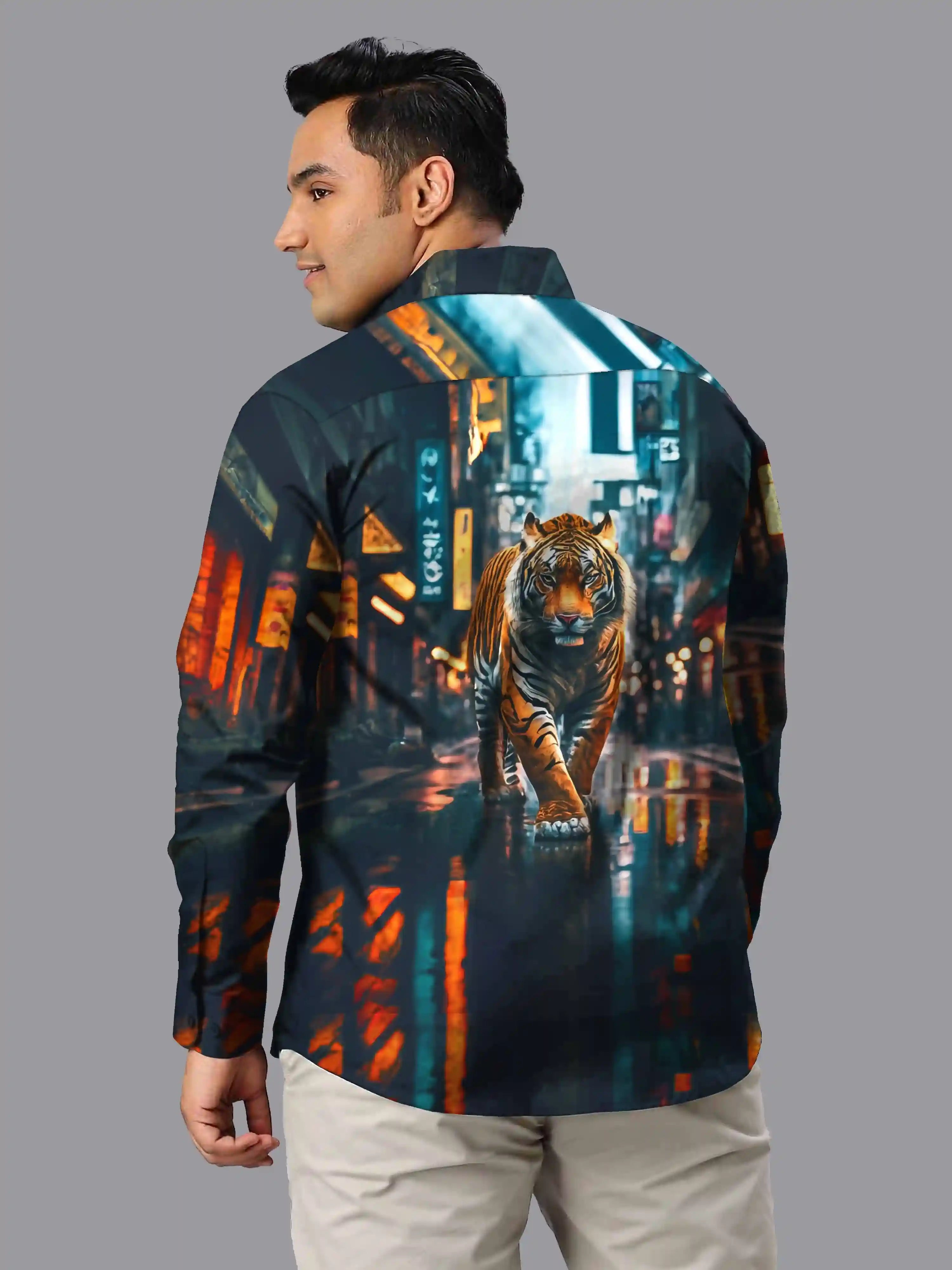 Tiger in City Digital Printed Party Wear Men's Plus Size Full Shirt