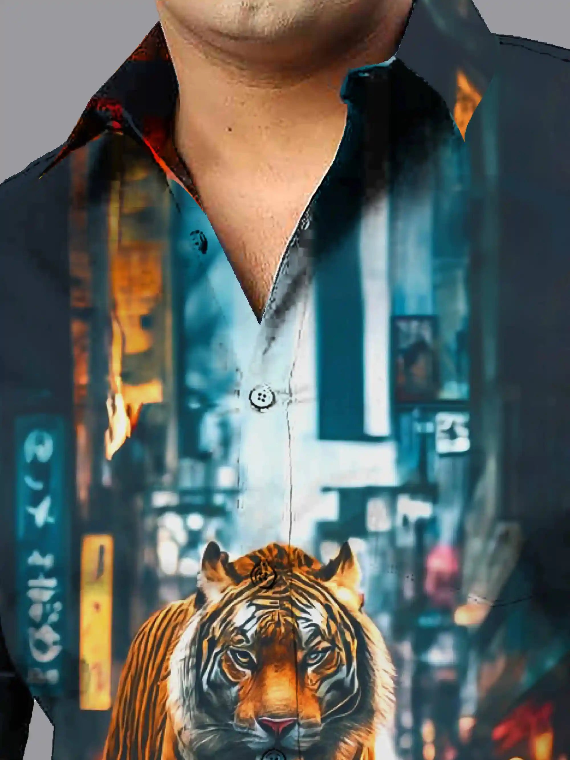 Tiger in City Digital Printed Party Wear Men's Plus Size Full Shirt