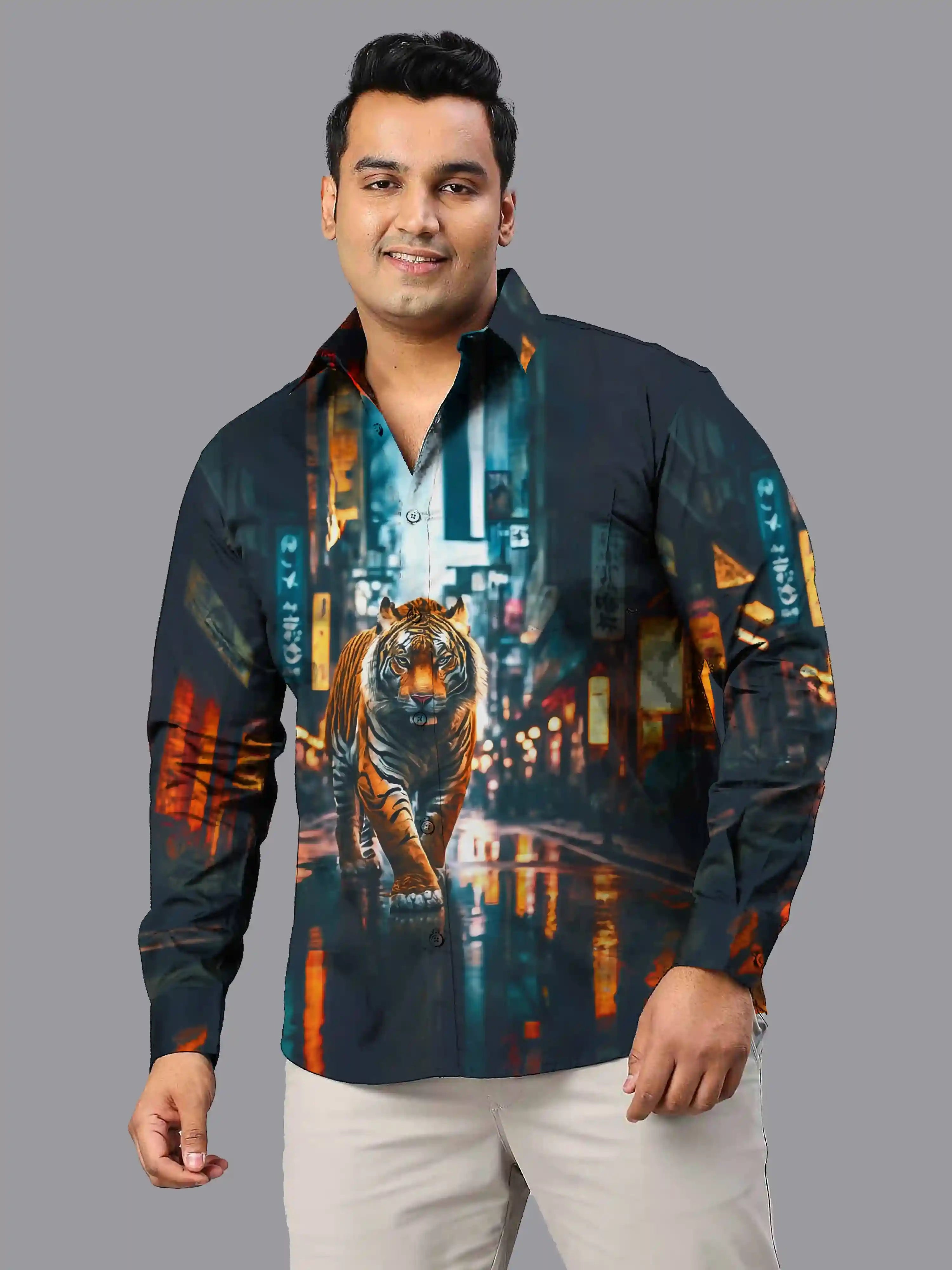 Tiger in City Digital Printed Party Wear Men's Plus Size Full Shirt
