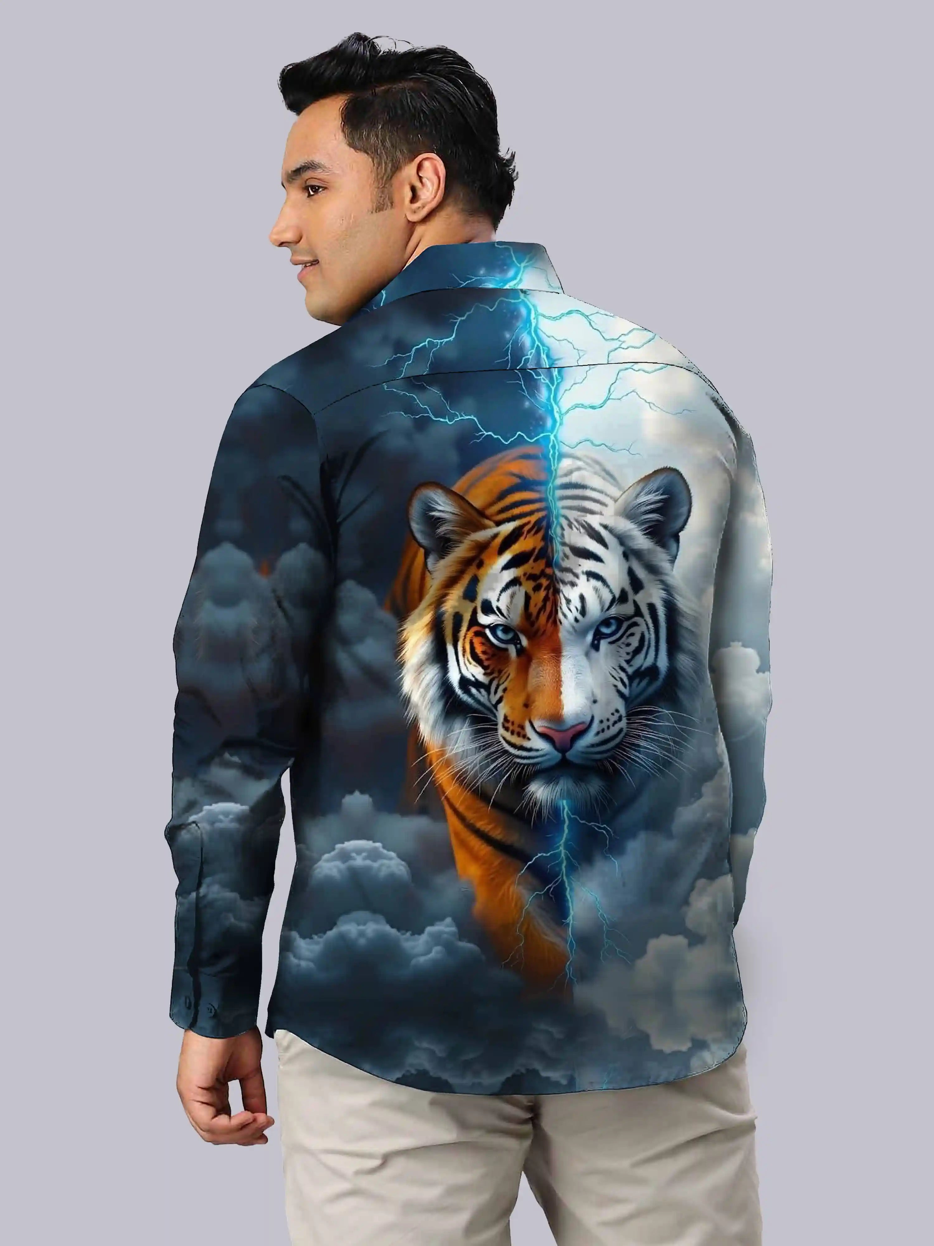 Tiger White and Orange Digital Printed Party Wear Men's Plus Size Full Shirt