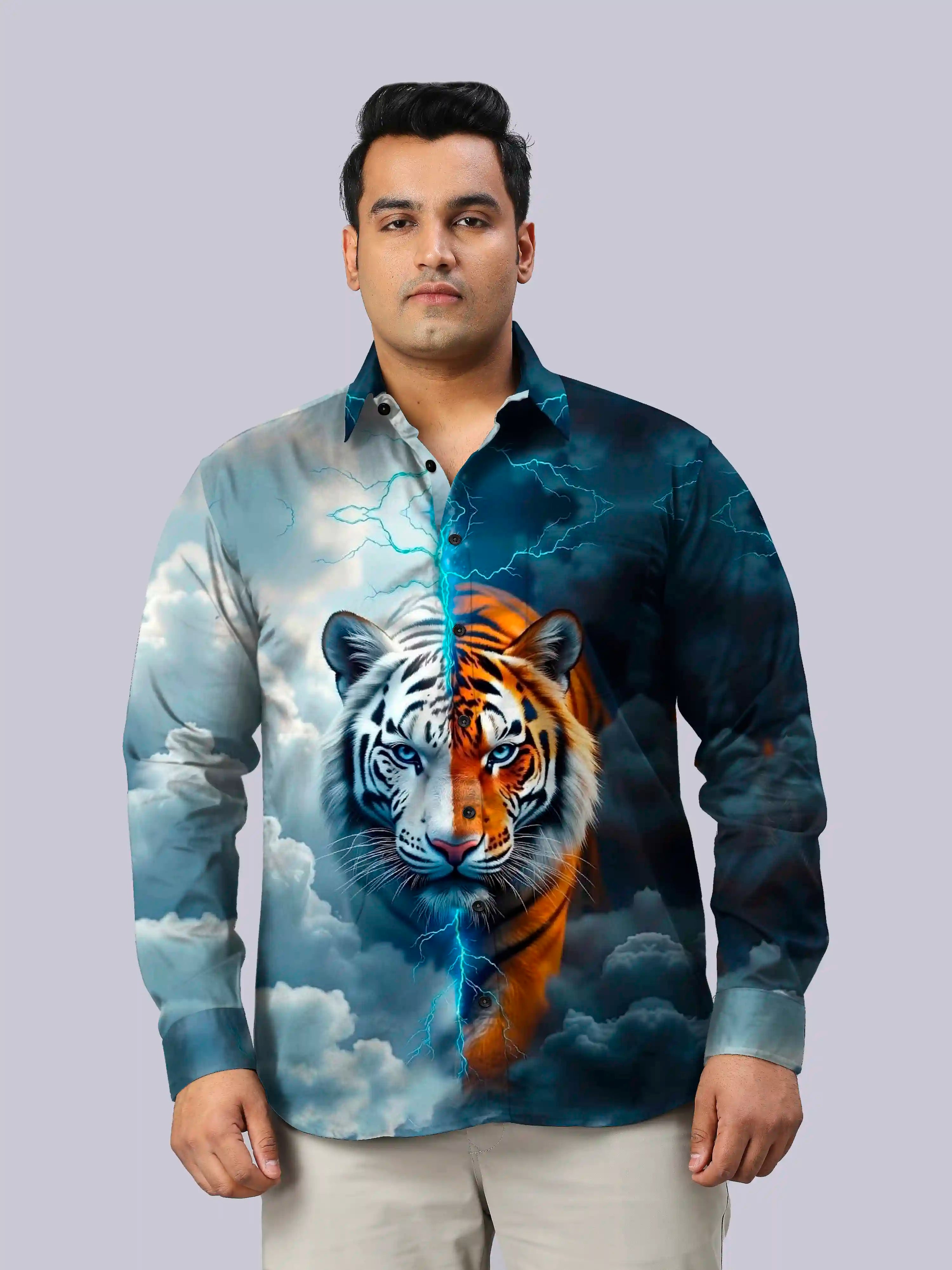 Tiger White and Orange Digital Printed Party Wear Men's Plus Size Full Shirt
