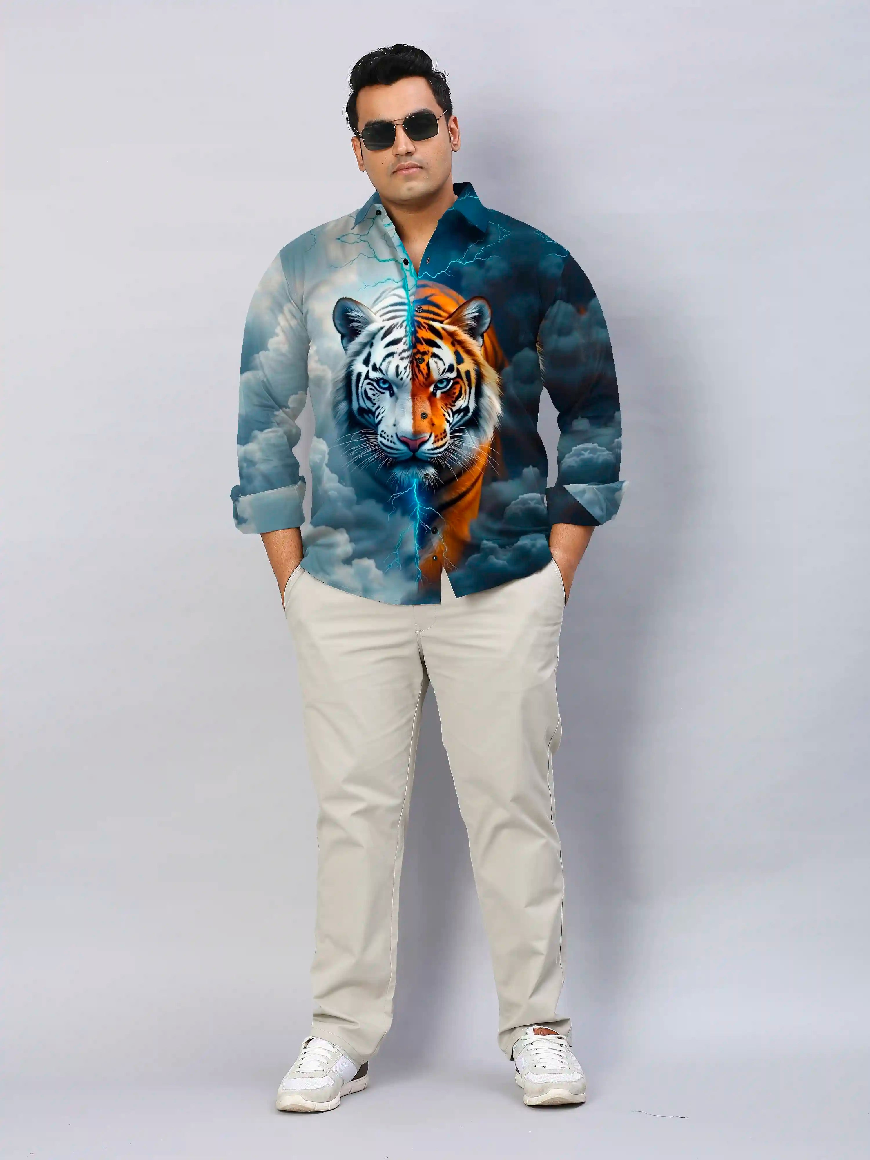 Tiger White and Orange Digital Printed Party Wear Men's Plus Size Full Shirt