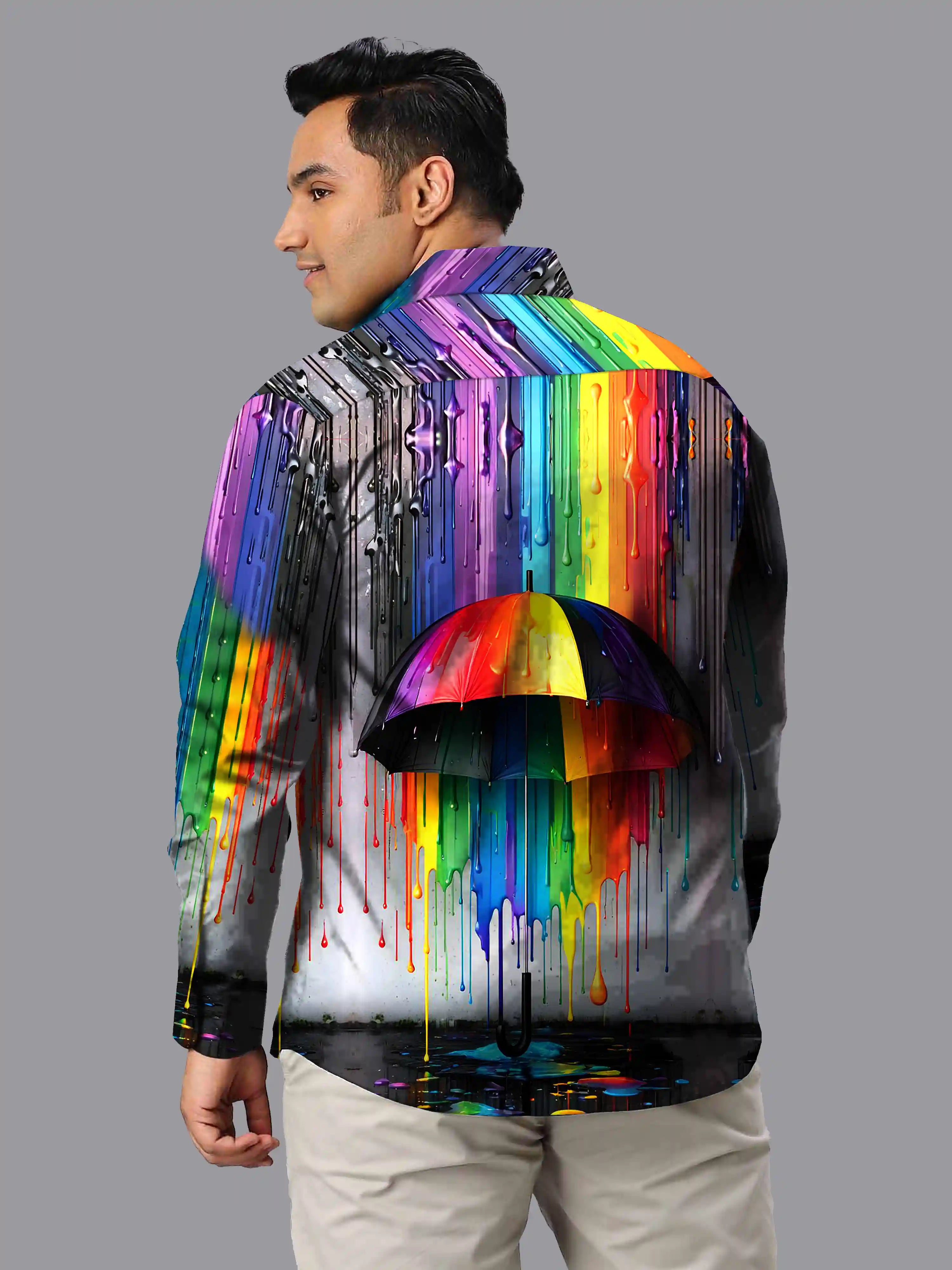Colorful Umbrella Digital Printed Party Wear Men's Plus Size Full Shirt