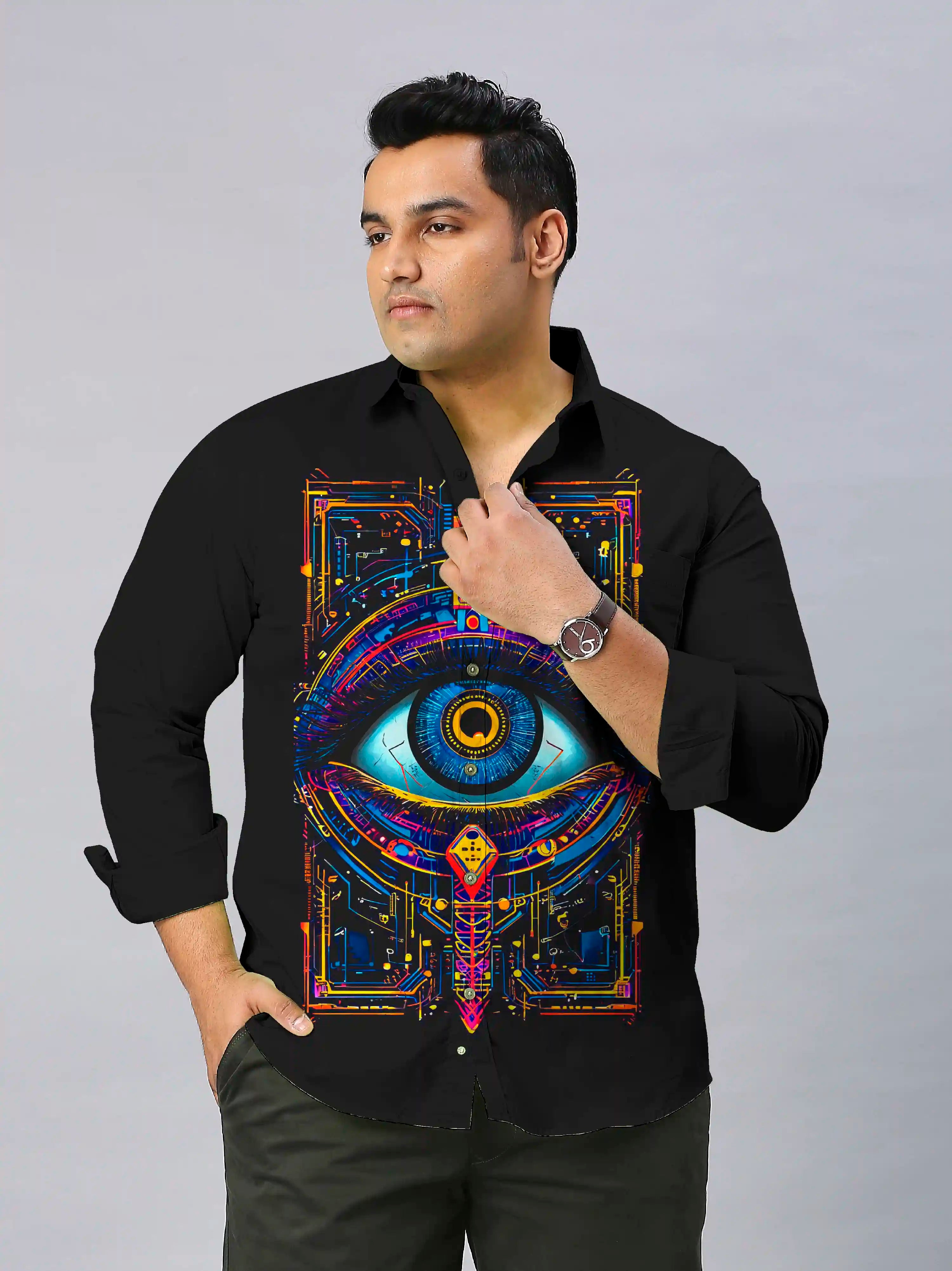 Eye of the Future Digital Printed Party Wear Men's Plus Size Full Shirt