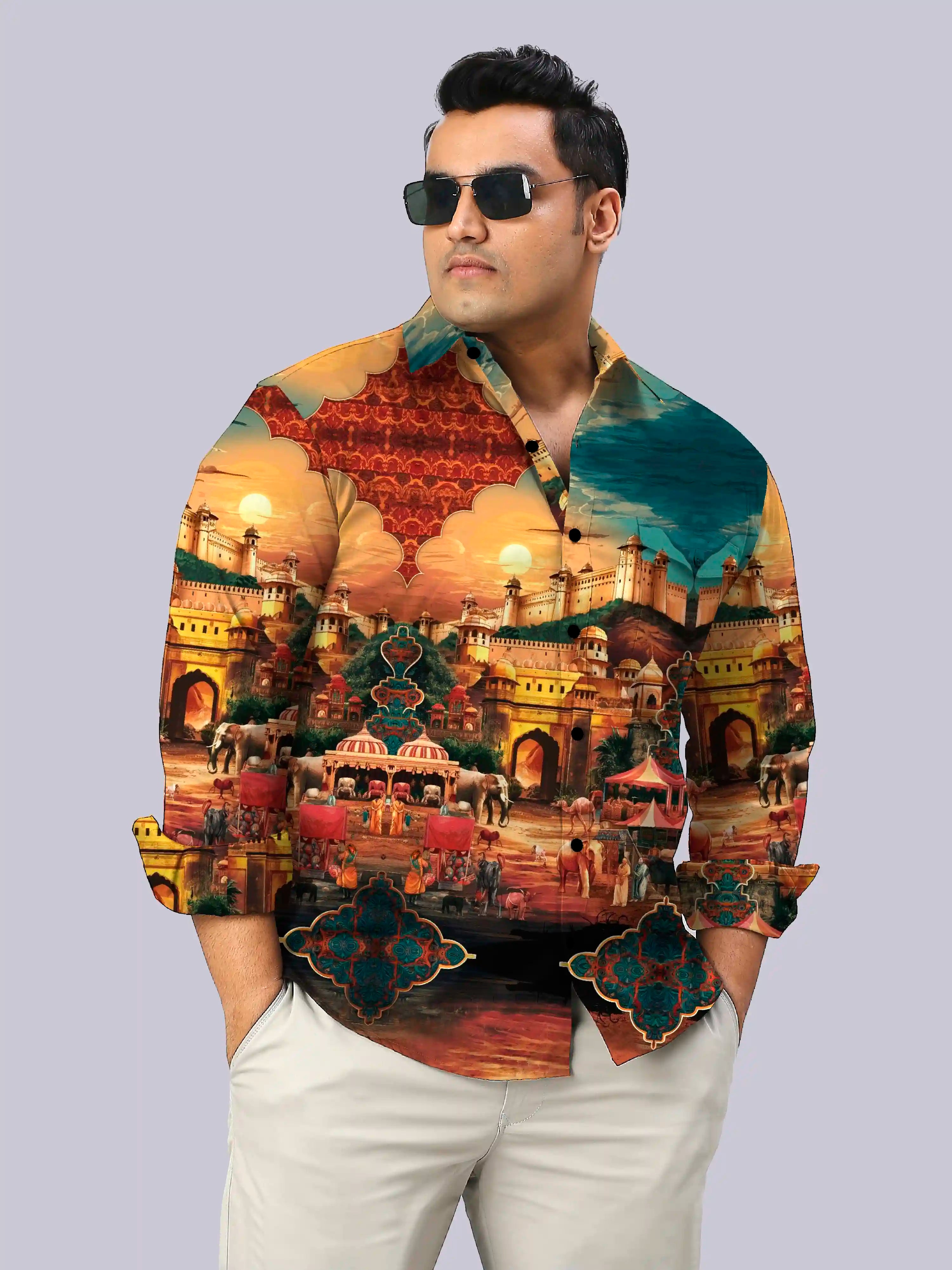 Mughal Arts Digital Printed Party Wear Men's Plus Size Full Shirt