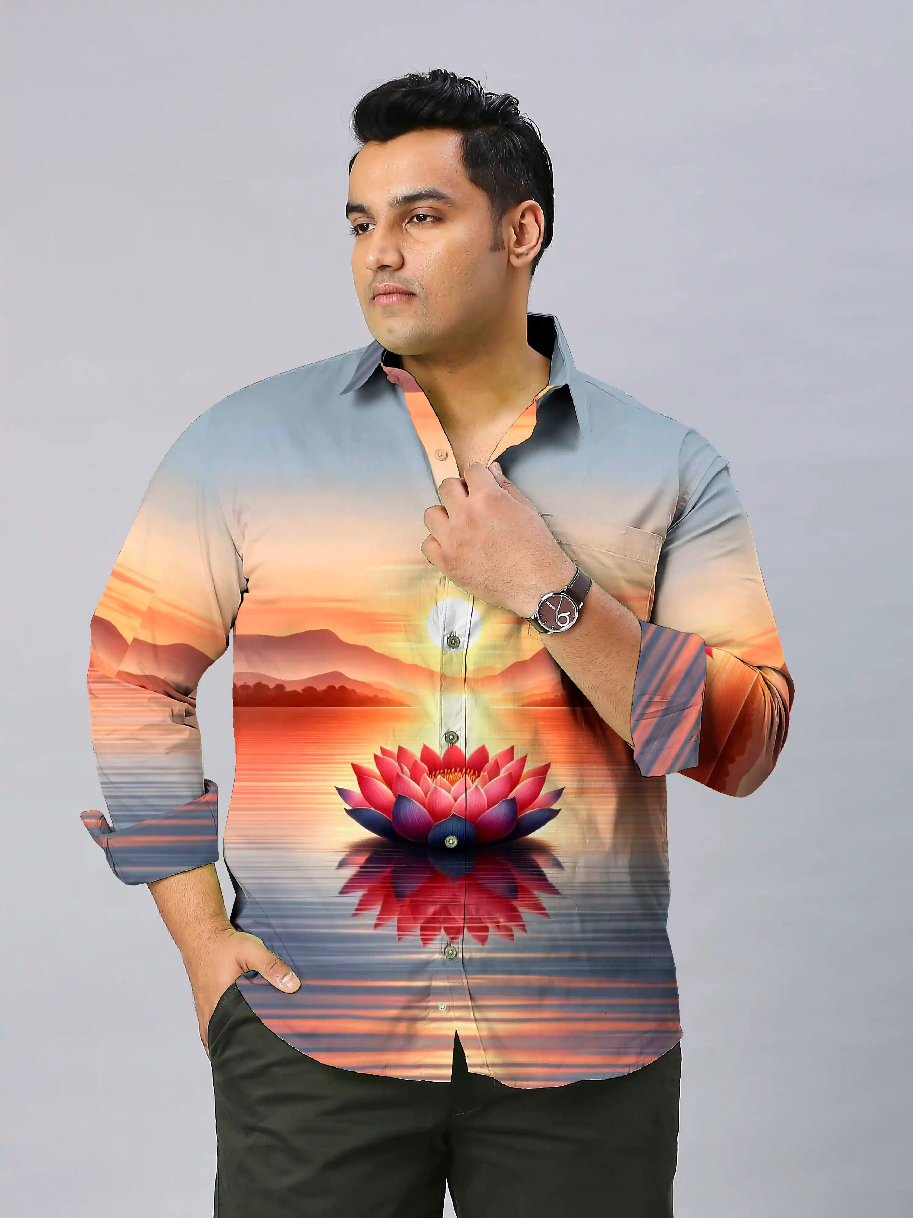 Lotus Flower Digital Printed Party Wear Men's Plus Size Full Shirt