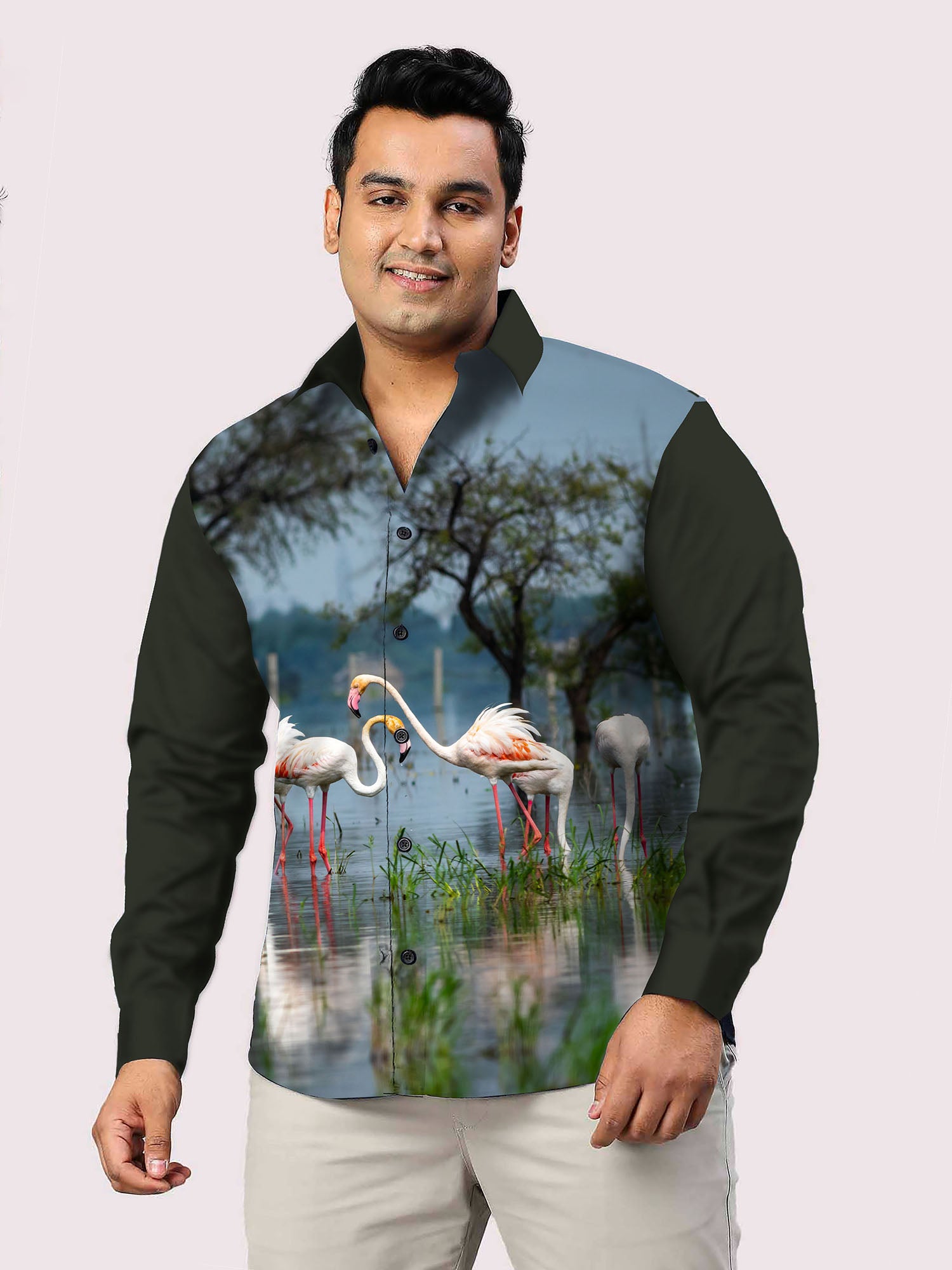 Flamingos Printed Party Wear Shirts Men's Plus Size