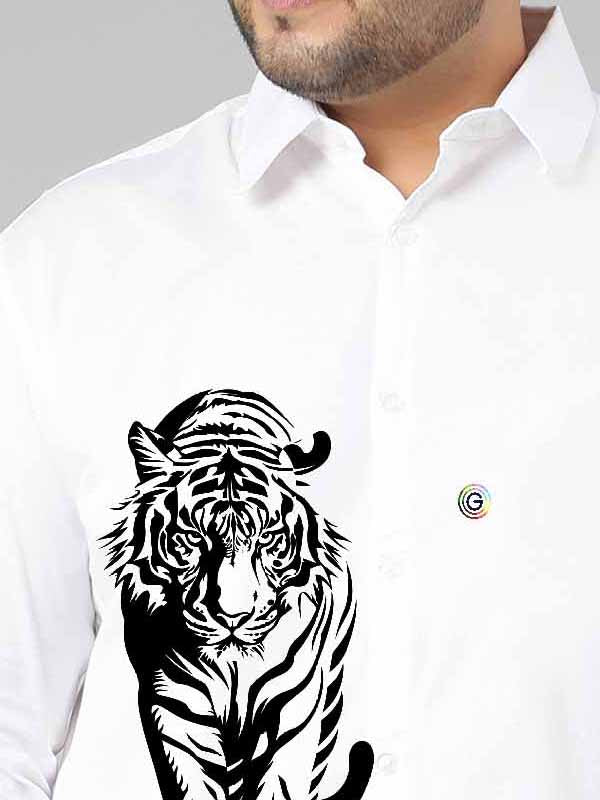 White Tiger Printed Party Wear Shirts Men's Plus Size