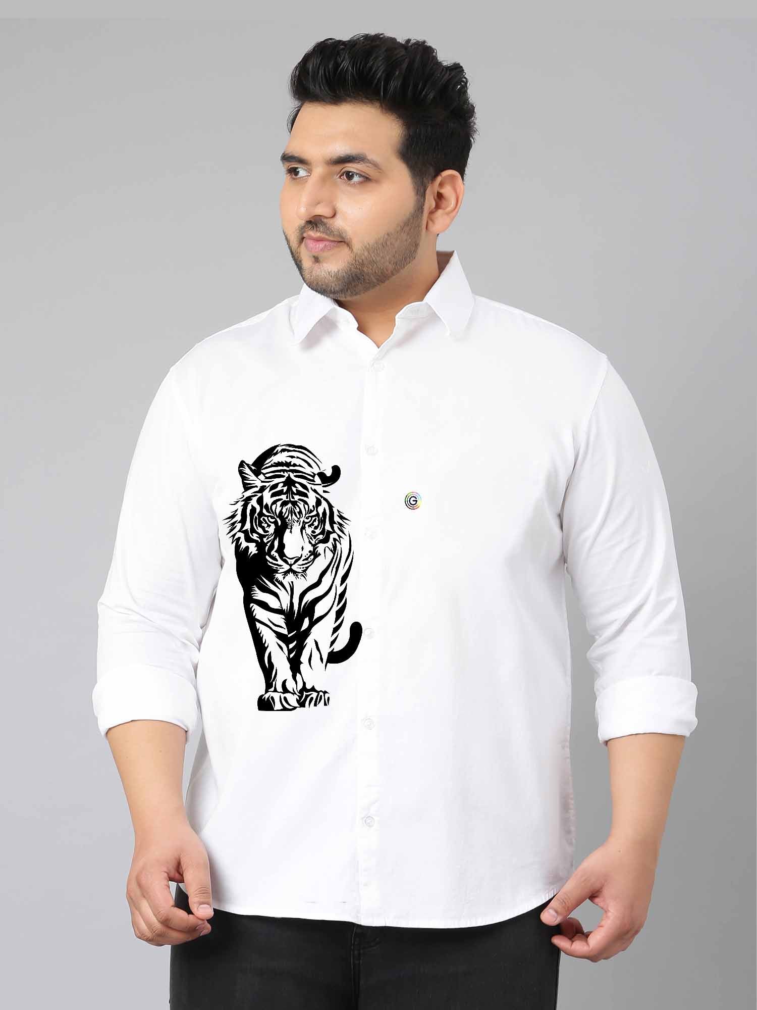 White Tiger Printed Party Wear Shirts Men's Plus Size