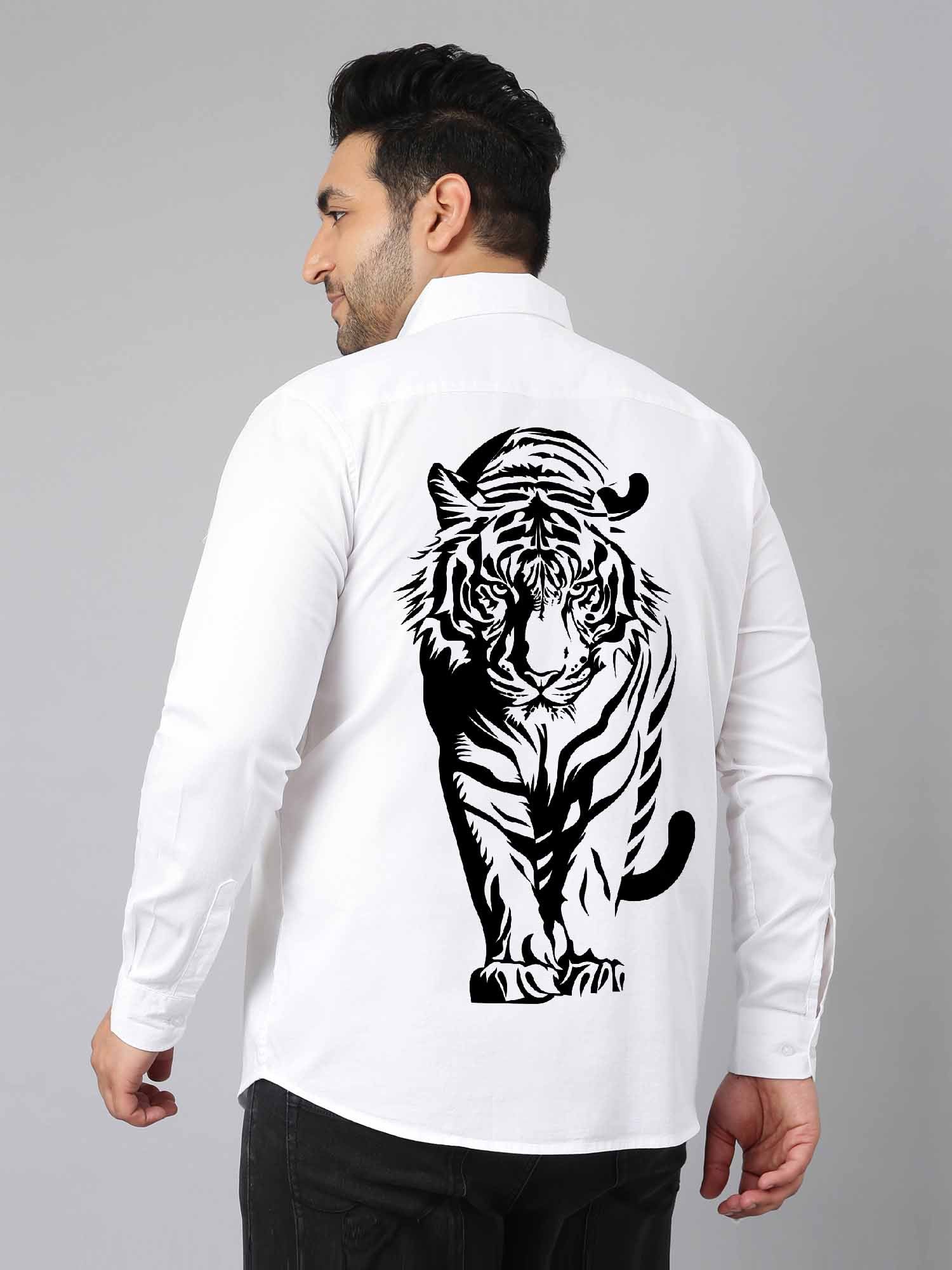 White Big Tiger Printed Party Wear Shirts Men's Plus Size