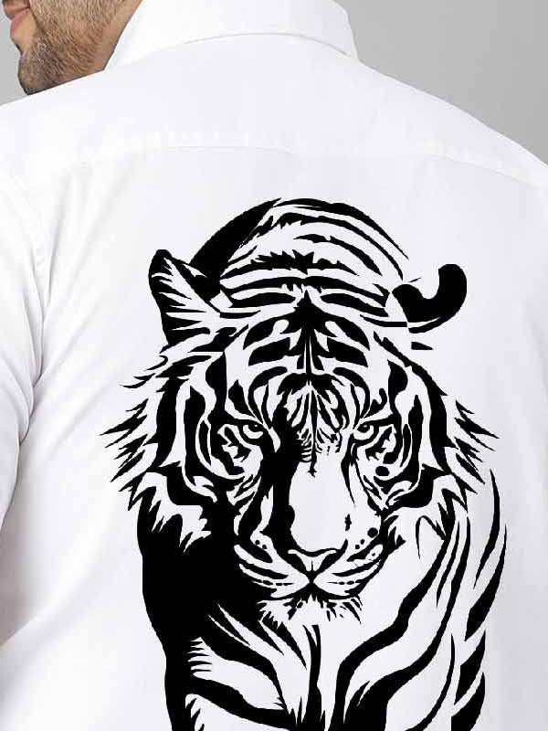 White Big Tiger Printed Party Wear Shirts Men's Plus Size