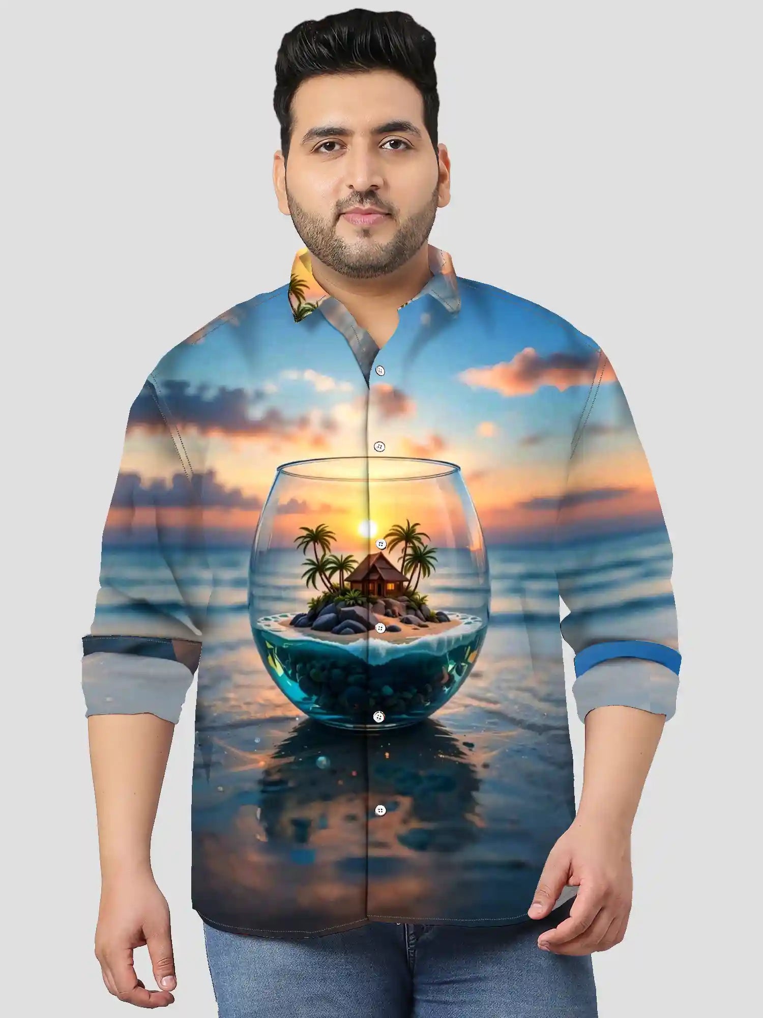 Aquascape Digital Printed Party Wear Men's Plus Size Full Shirt