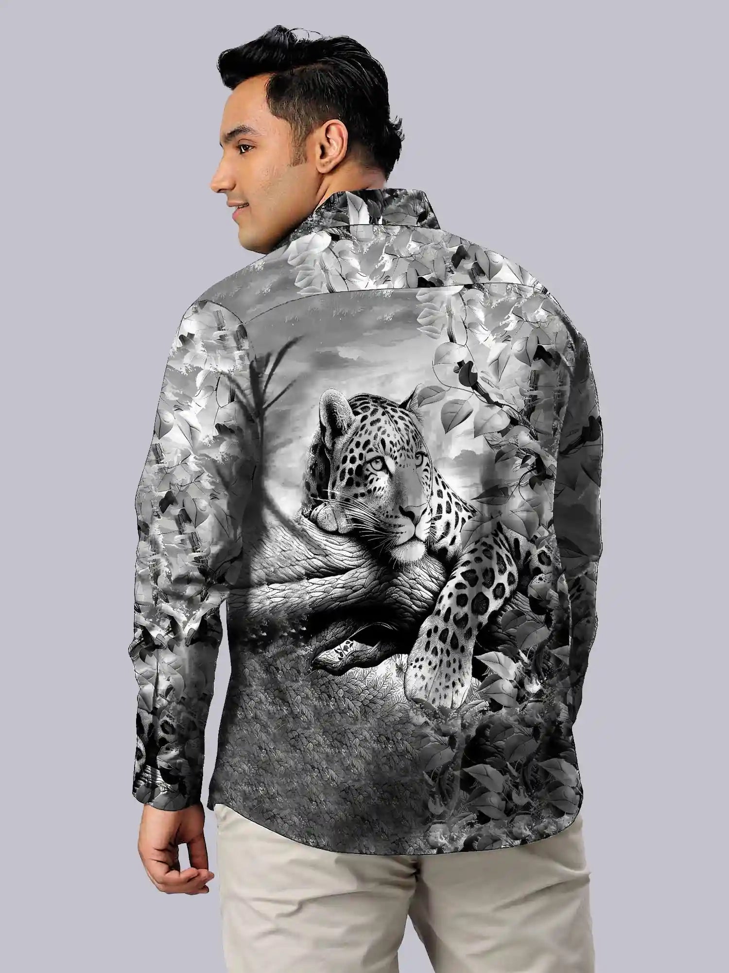 Bengal Tiger Black Digital Printed Party Wear Men's Plus Size Full Shirt