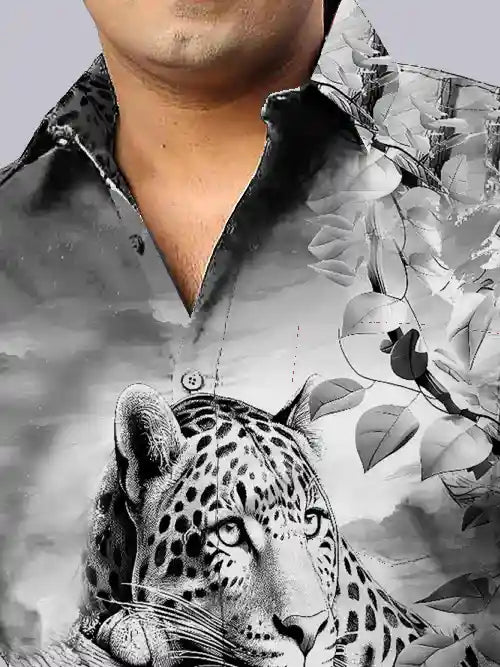 Bengal Tiger Black Digital Printed Party Wear Men's Plus Size Full Shirt