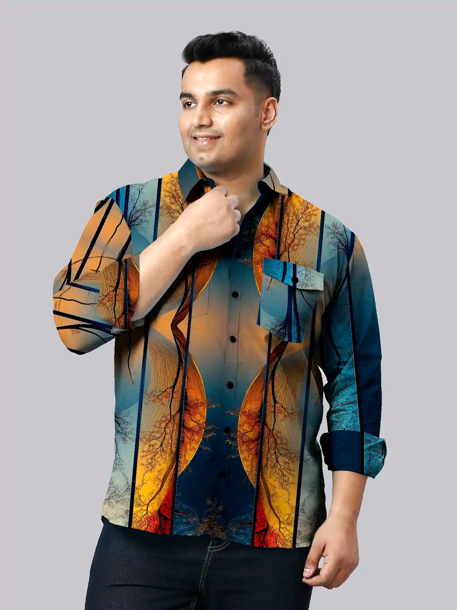 Tree Imagery Digital Printed Party Wear Men's Plus Size Full Shirt