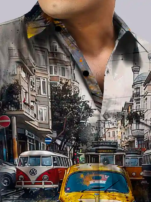 Vintage Car Digital Printed Party Wear Men's Plus Size Full Shirt