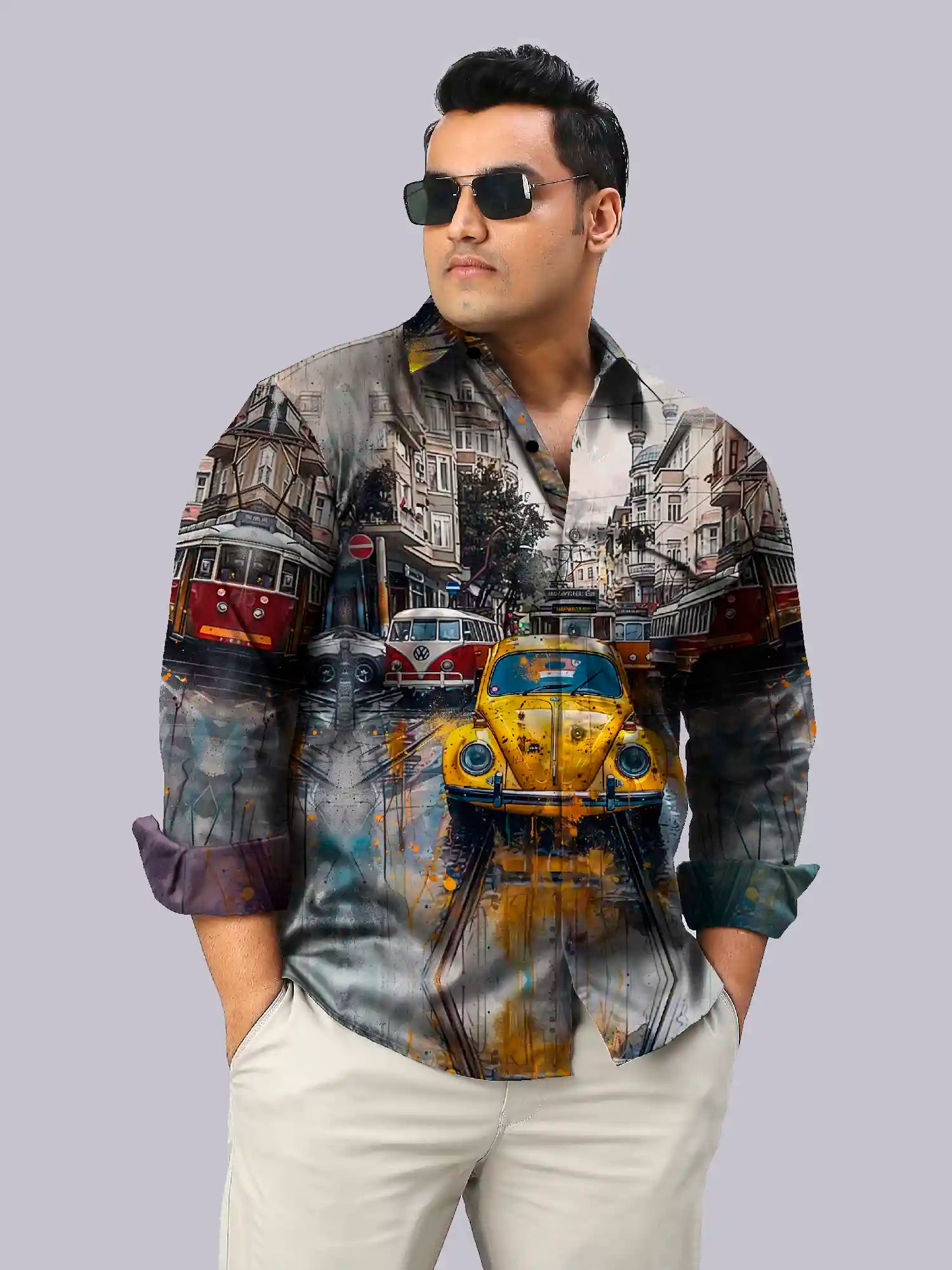 Vintage Car Digital Printed Party Wear Men's Plus Size Full Shirt