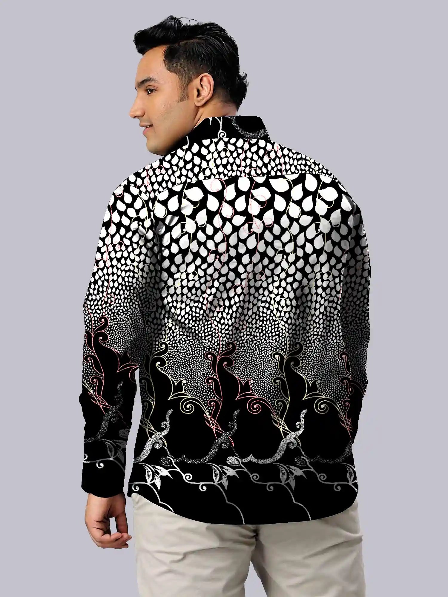 Black White Indian Motiff Digital Printed Party Wear Men's Plus Size Full Shirt